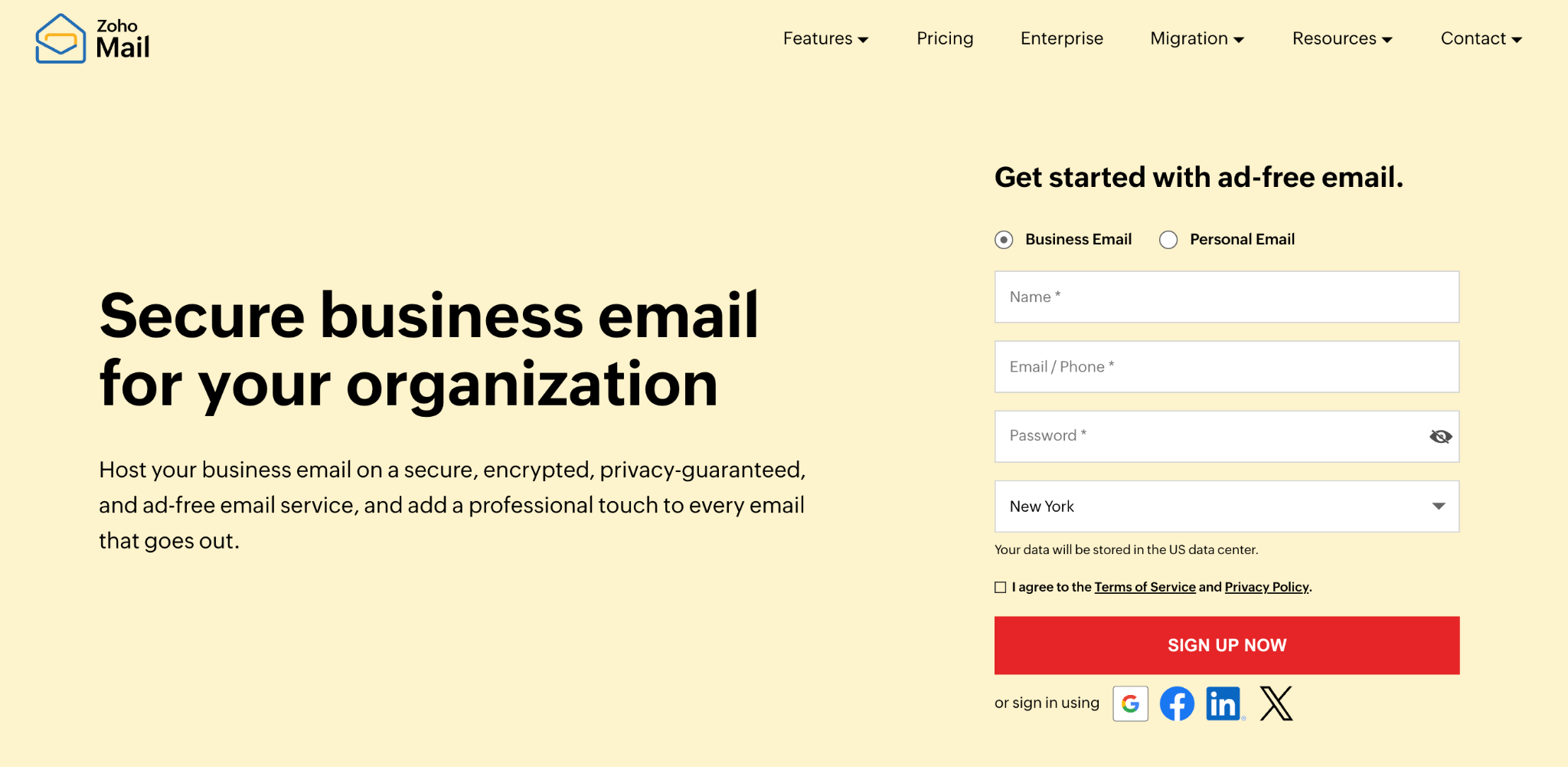Zoho Mail homepage with the headline 'Secure business email for your organization' and a business email signup form