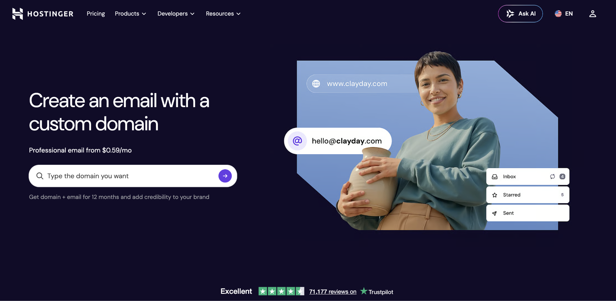 Hostinger’s domain and business email bundle landing page