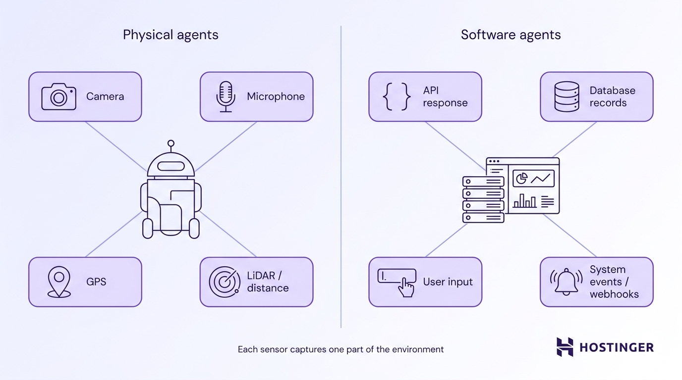 Split diagram showing a physical agent with camera, microphone, GPS, and LiDAR sensors alongside a software agent with API, database, user input, and webhook sensors.