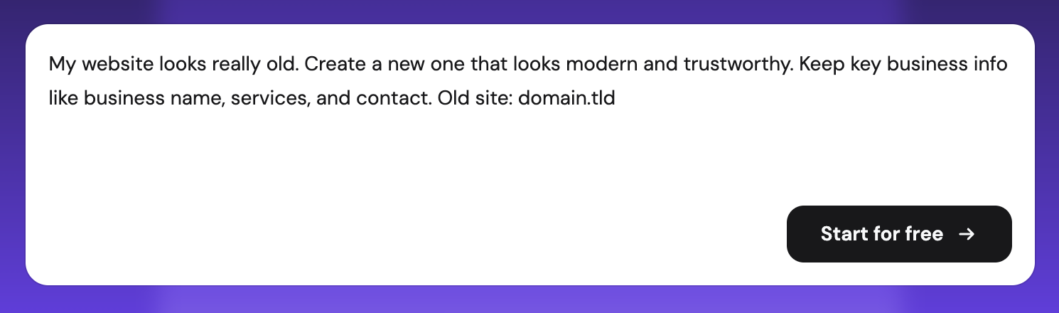AI prompt asking Hostinger AI Builder to recreate an outdated website from its URL with a modern design