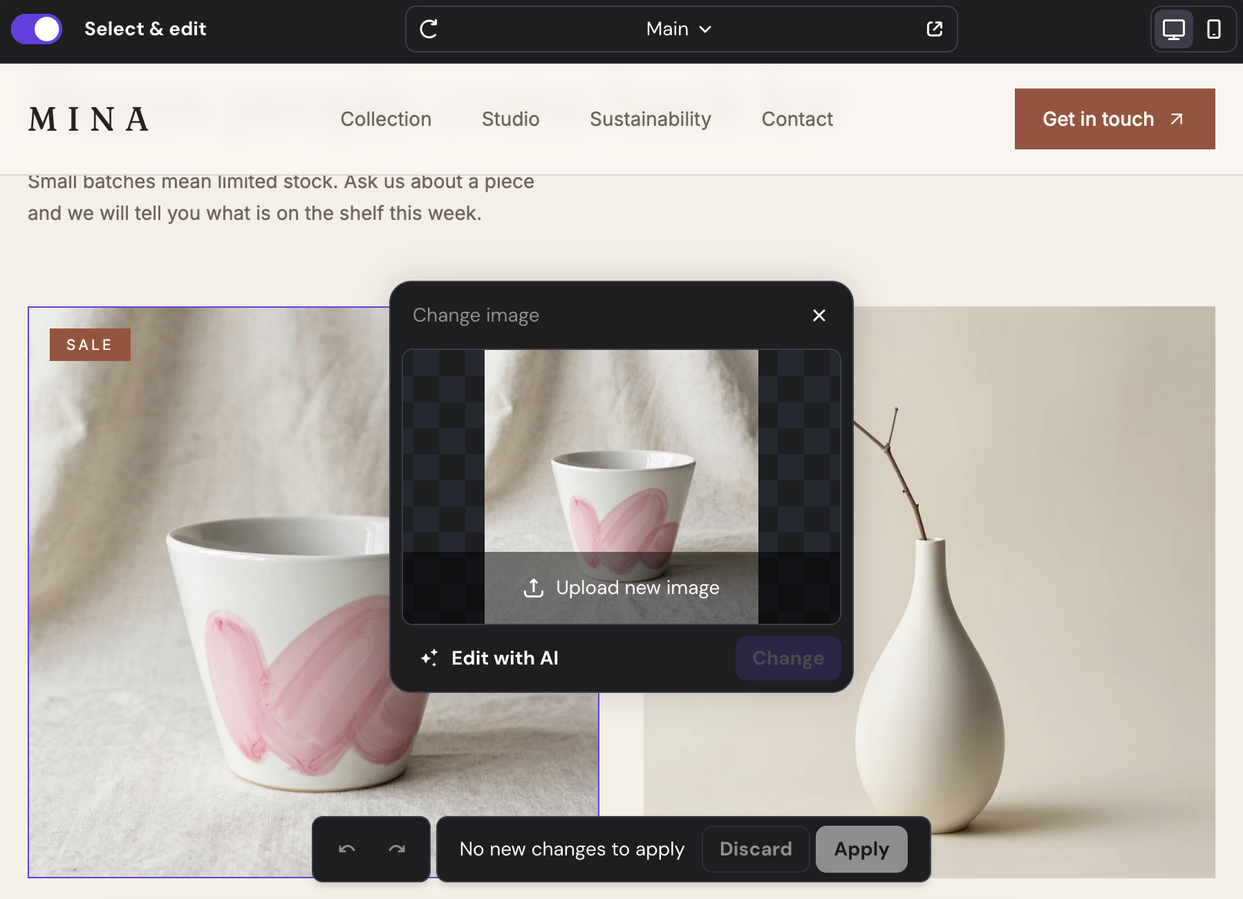 Change image panel in Hostinger AI Builder with the upload option for a selected image element