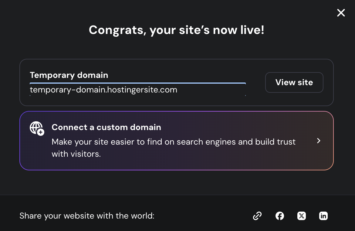 Hostinger AI Builder publish confirmation screen showing a temporary domain and an option to connect a custom domain
