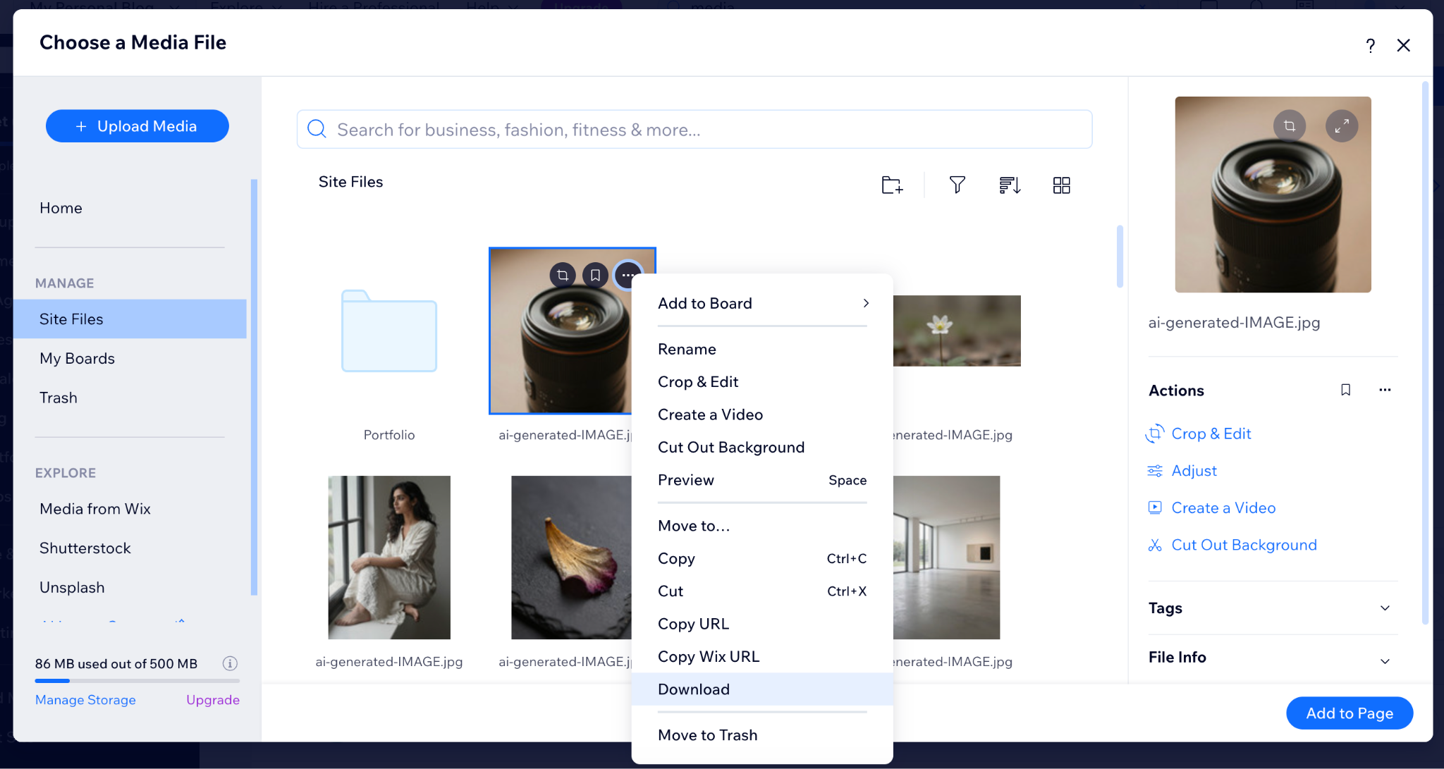 Wix Media Manager with file options menu open and Download option highlighted
