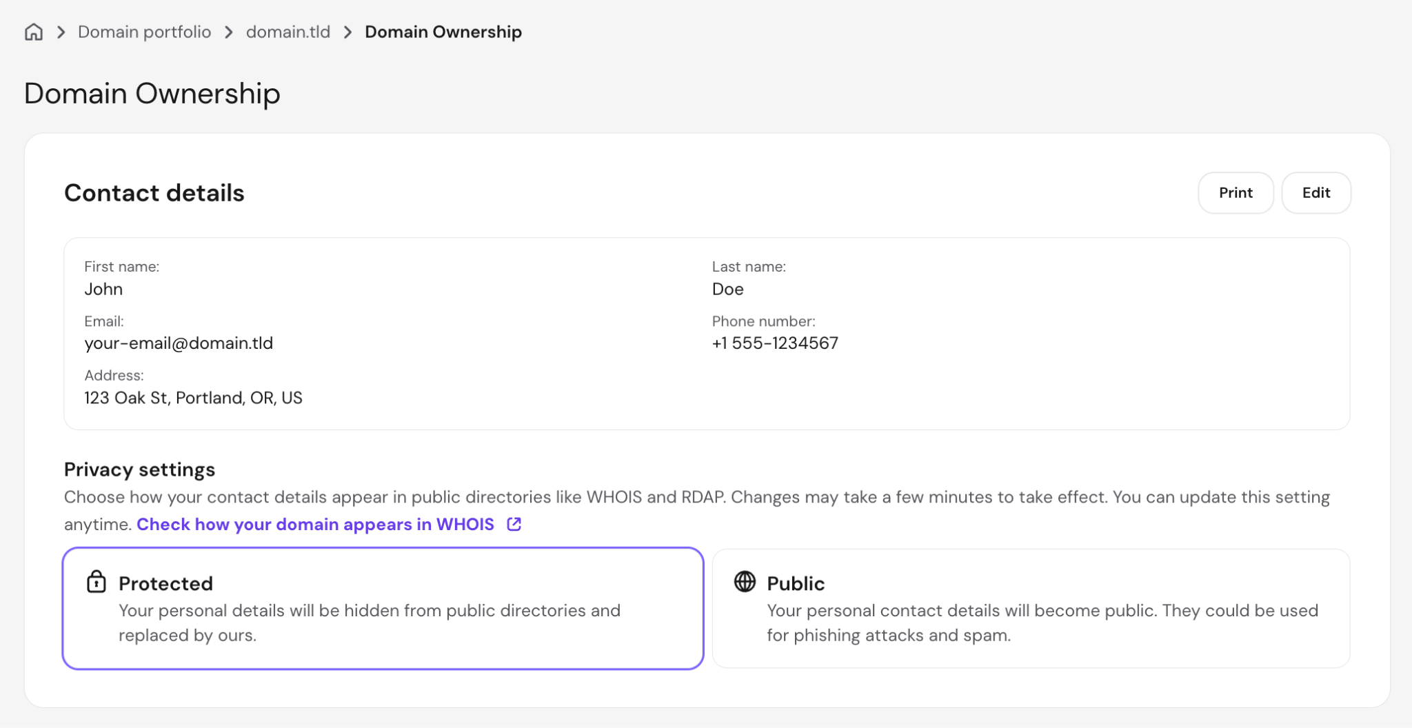 hPanel Domain Ownership page showing the Protected option selected under Privacy settings