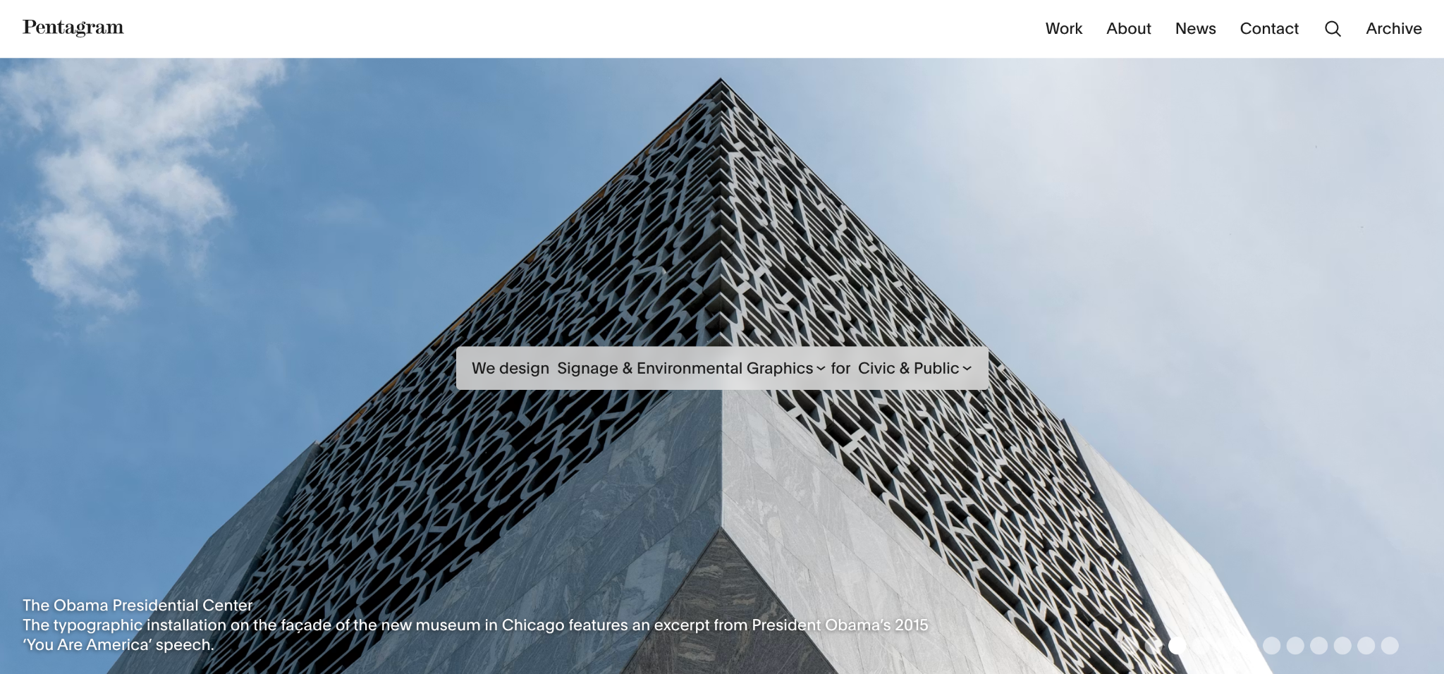 Pentagram's homepage featuring the Obama Presidential Center project with an interactive discipline and sector filter