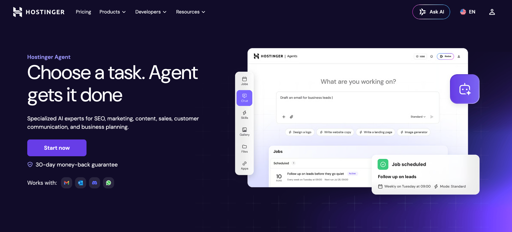 Hostinger Agent landing page with the Agents chat panel open and a weekly scheduled job to follow up on leads.