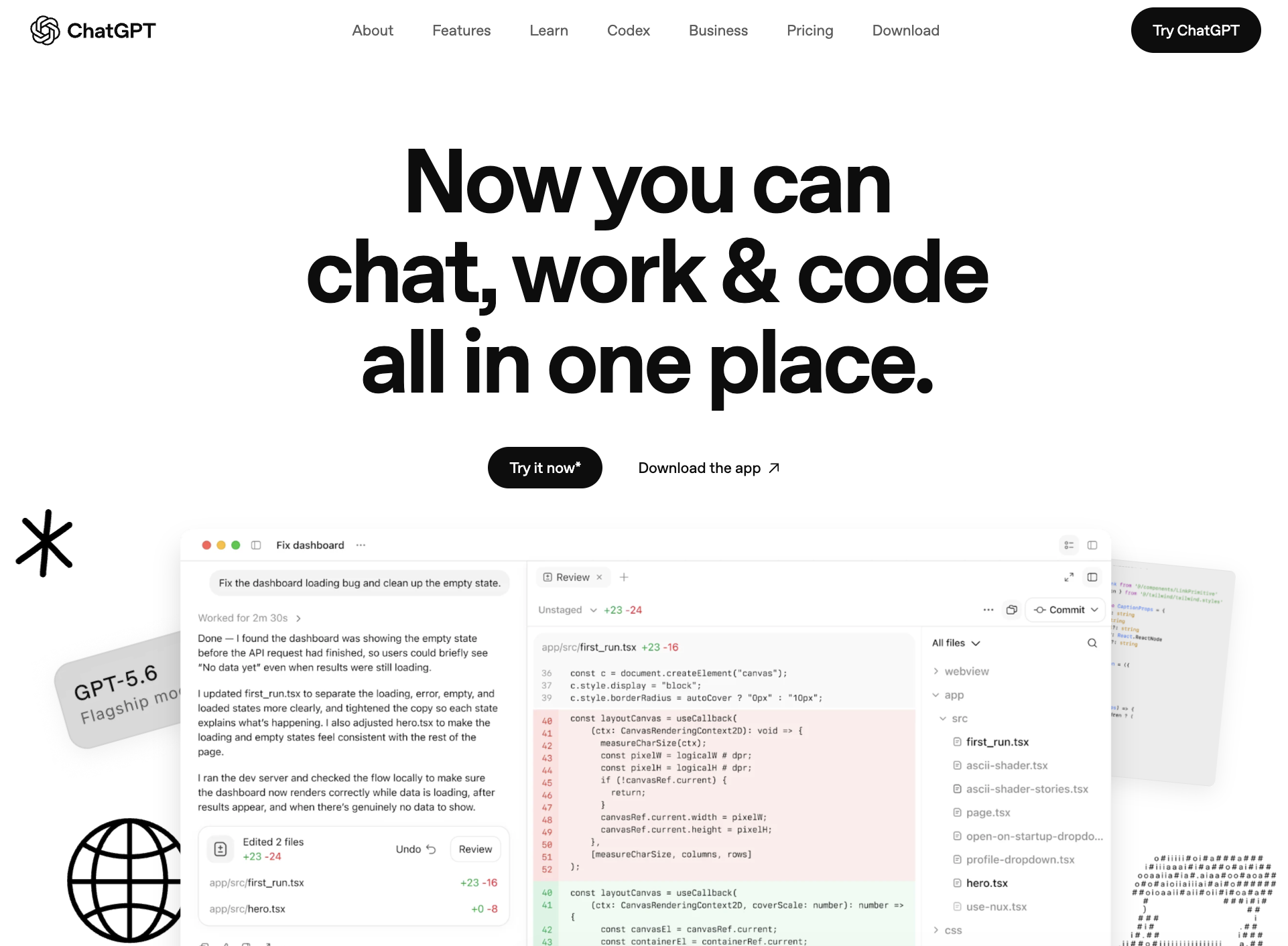 ChatGPT homepage showing a coding session where the agent edits two files and reports the fix it applied.