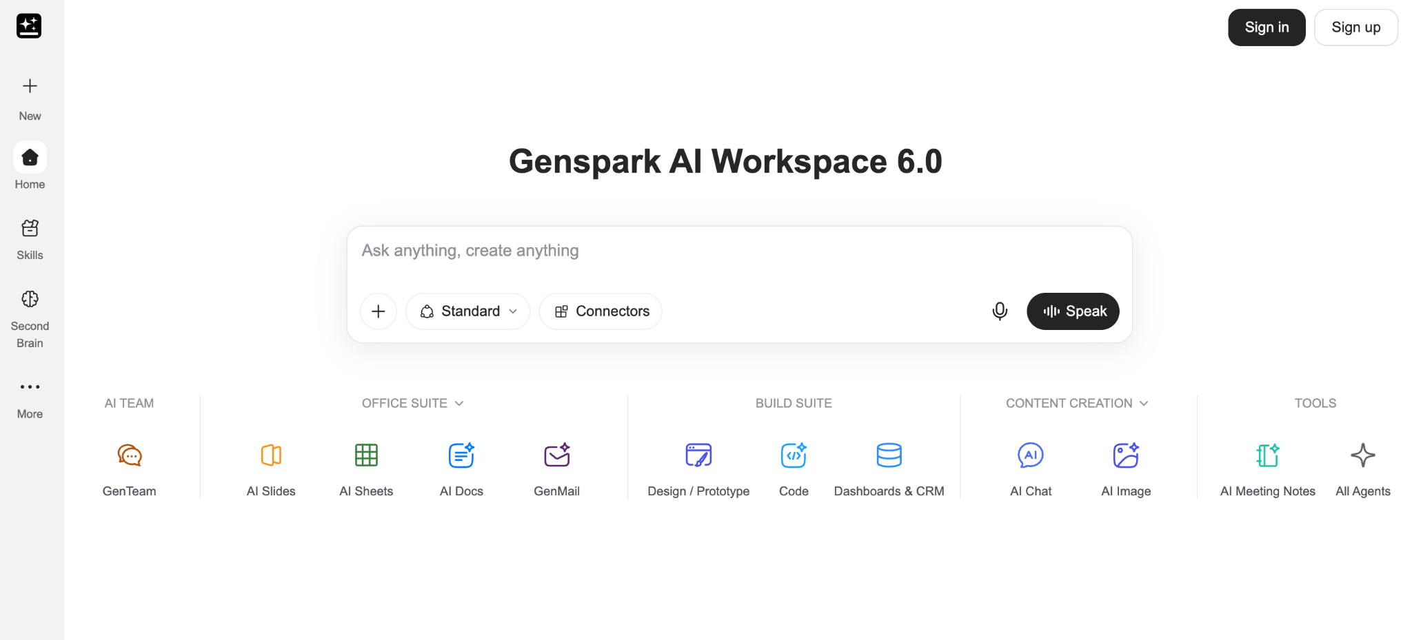 Genspark AI Workspace 6.0 home screen with a prompt box and agent tools including GenTeam, AI Slides, AI Sheets, and AI Chat.