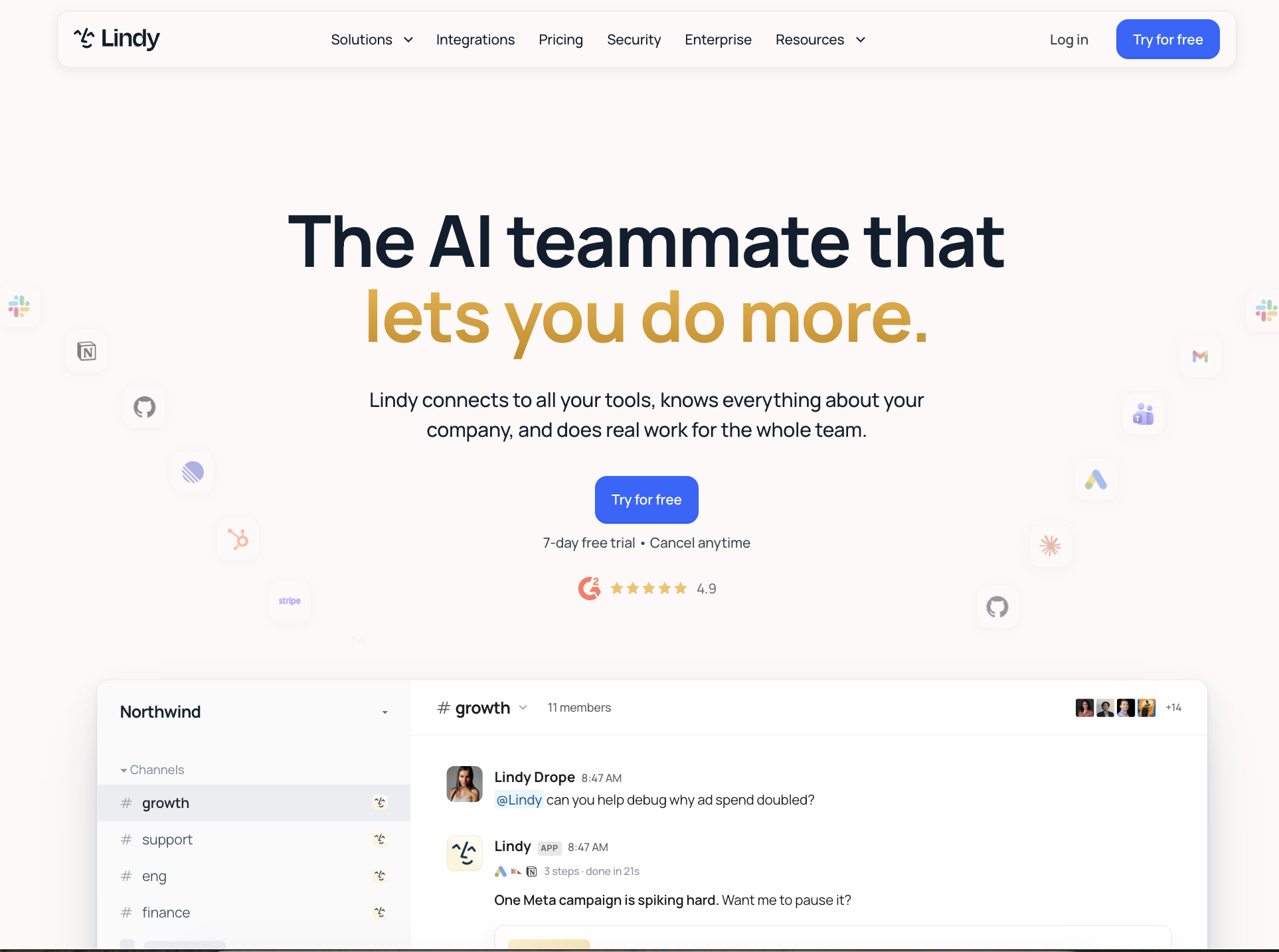Lindy homepage showing the AI teammate answering an ad spend question inside a Slack growth channel.