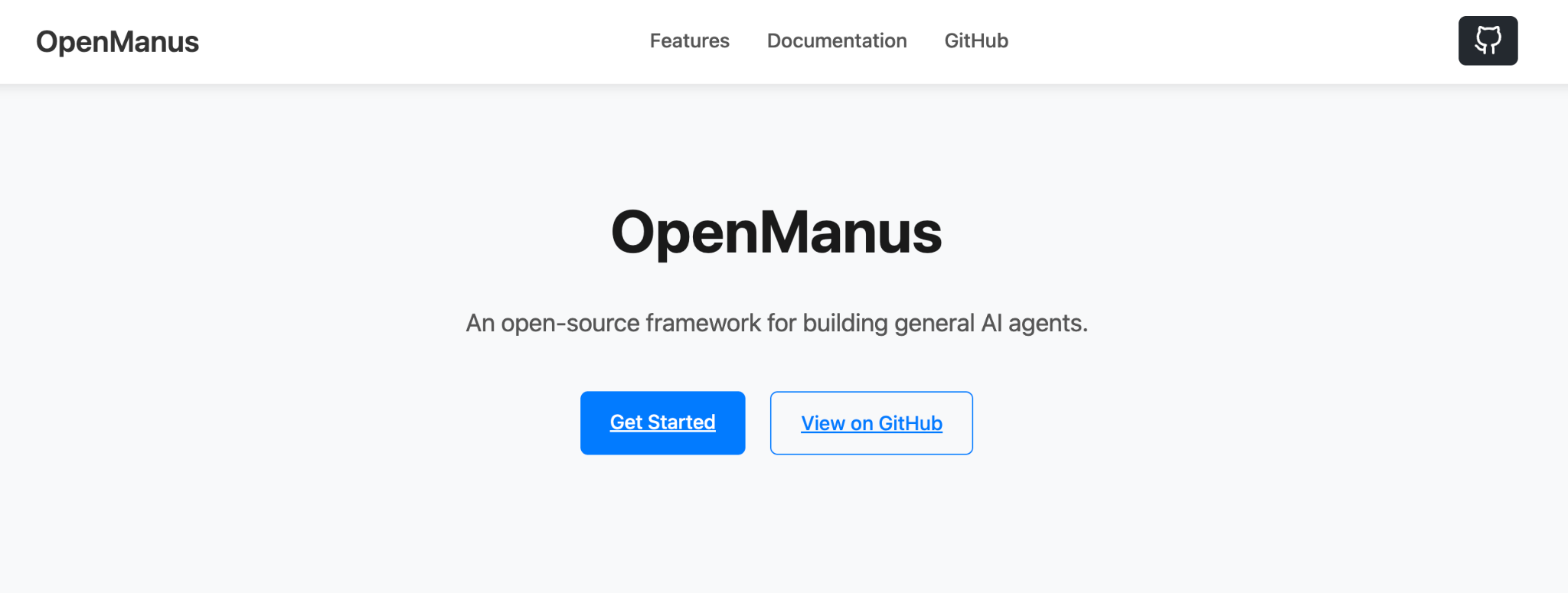 OpenManus homepage describing it as an open-source framework for building general AI agents.