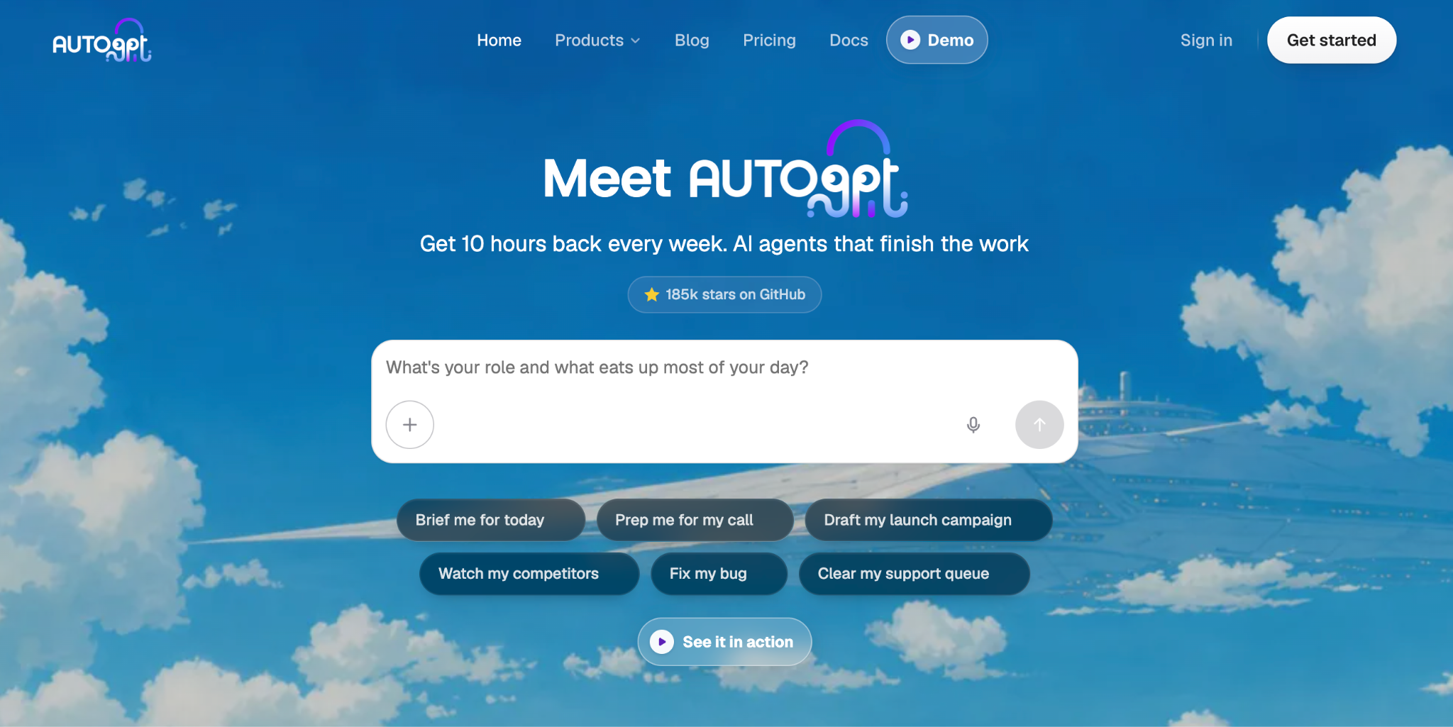 AutoGPT homepage with a prompt box and preset agent tasks such as brief me for today and clear my support queue.