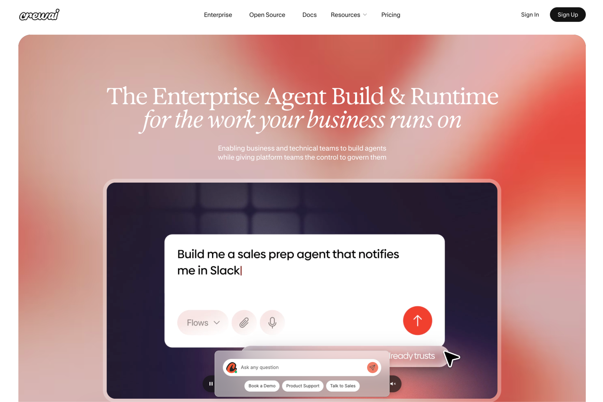 CrewAI homepage showing a prompt to build a sales prep agent that sends Slack notifications.