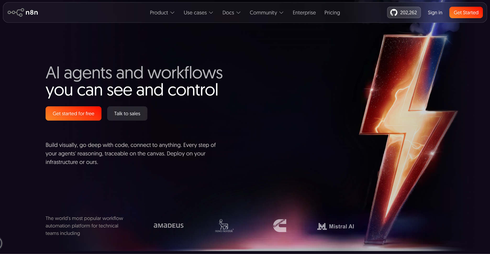 n8n homepage describing visual AI agent workflows with every reasoning step traceable on the canvas.