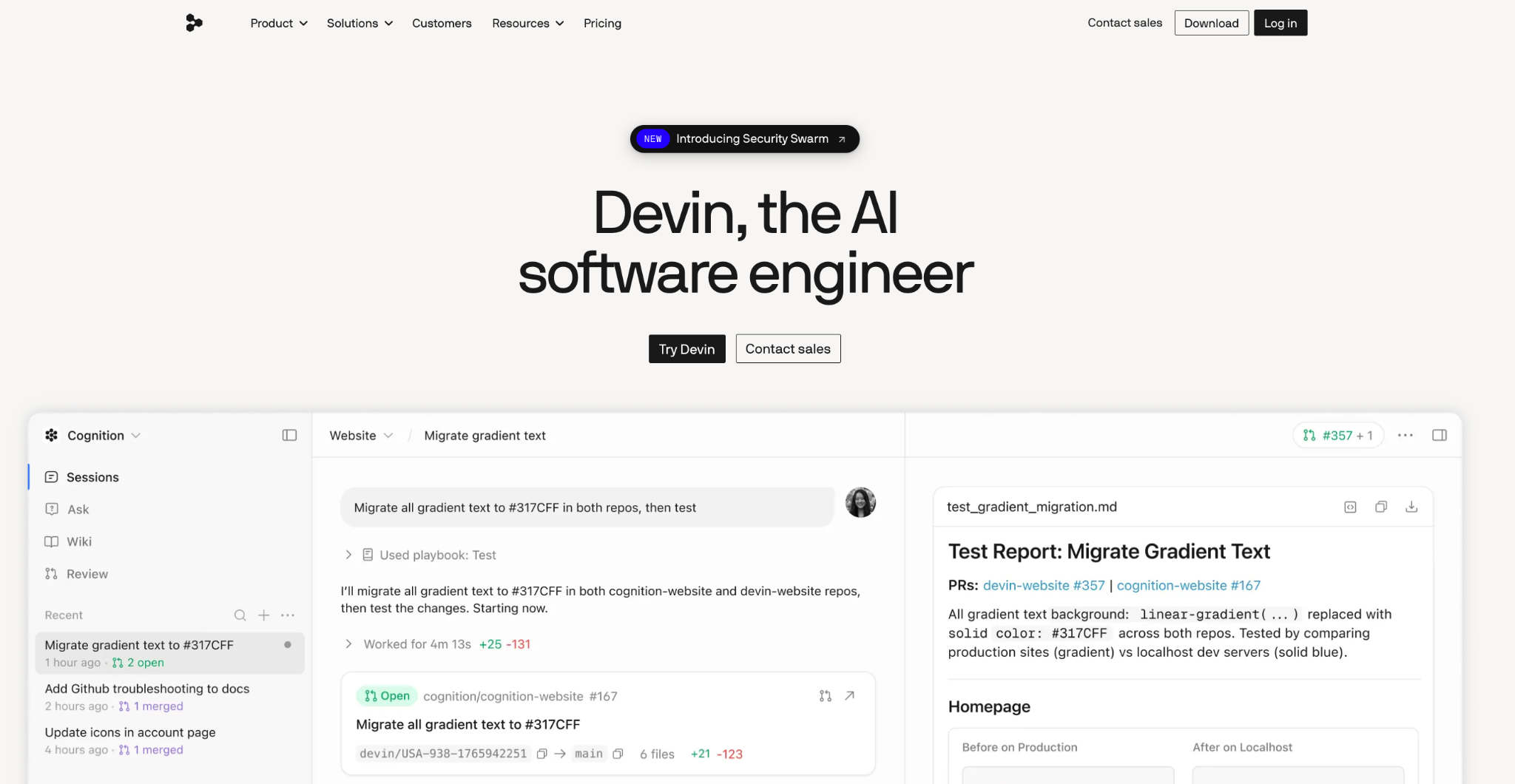 Devin session migrating gradient text across two repositories, with the pull request and a generated test report shown side by side.