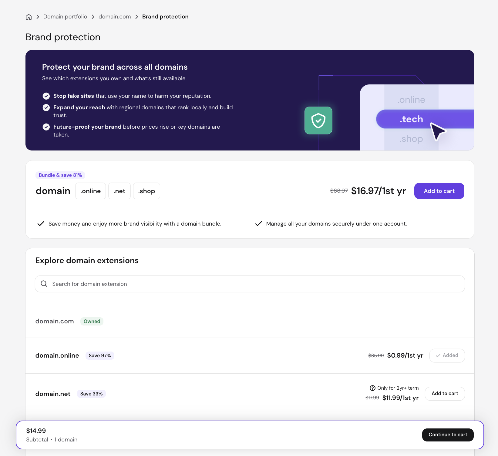 Brand protection page in hPanel showing owned and available domain extensions with the option to add variations to cart