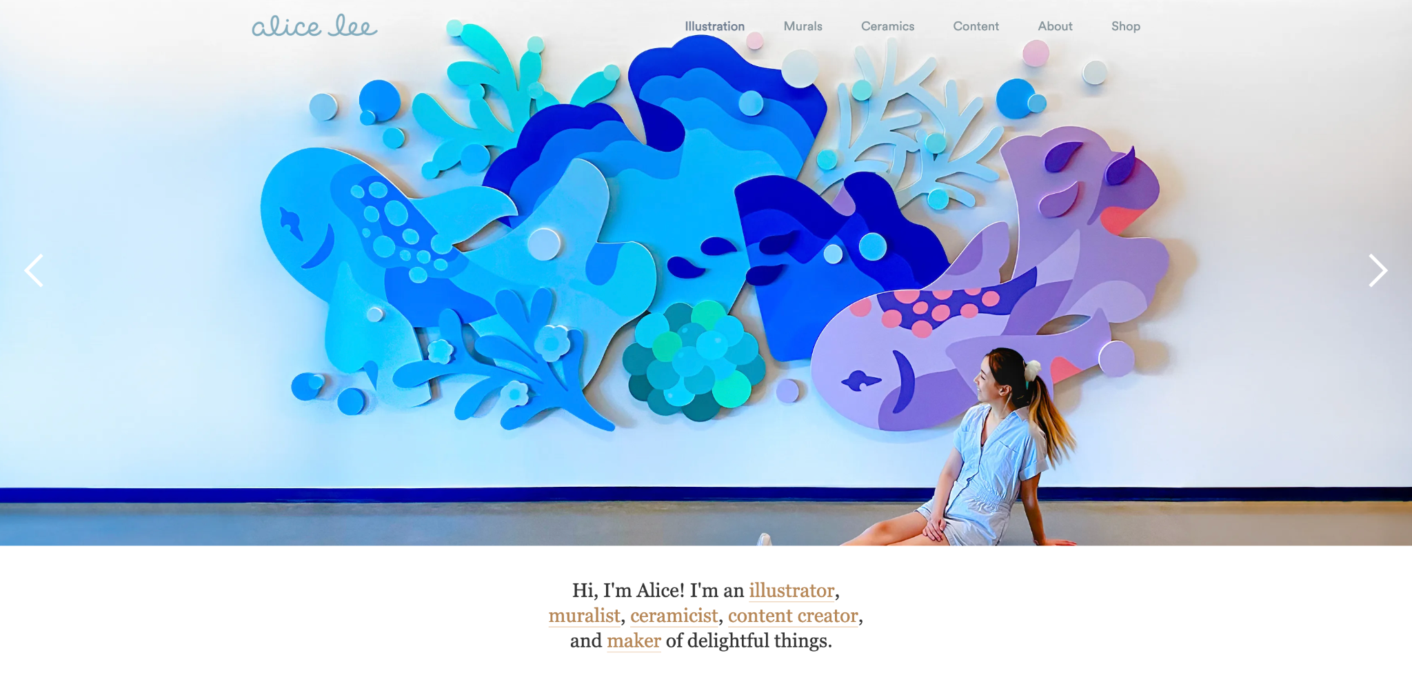 Alice Lee's portfolio homepage with a full-width paper-cut mural of blue and purple sea creatures and plants, Alice sitting in front in a blue outfit, and navigation tabs for Illustration, Murals, Ceramics, Content, About, and Shop