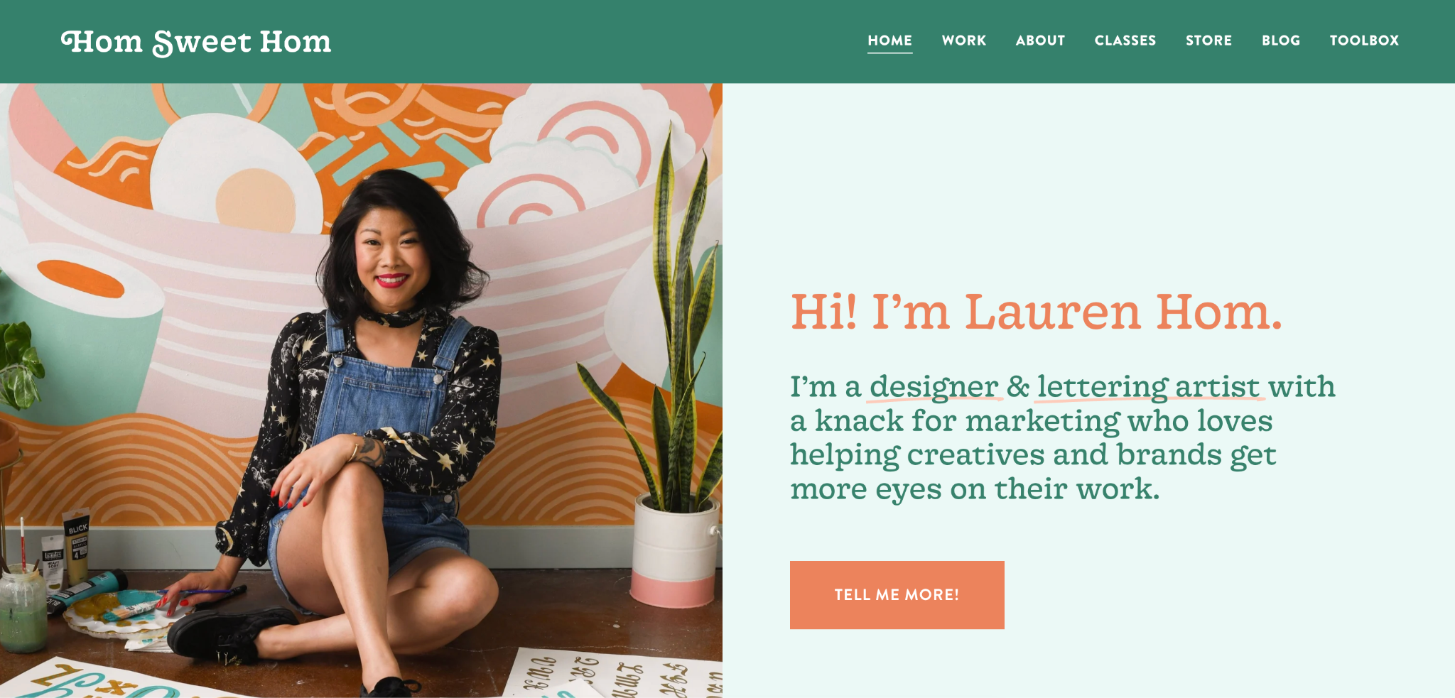 Lauren Hom's portfolio homepage featuring her vibrant illustration and lettering work in bright colors, with her name in custom hand-lettered typography and project thumbnails in her signature playful style
