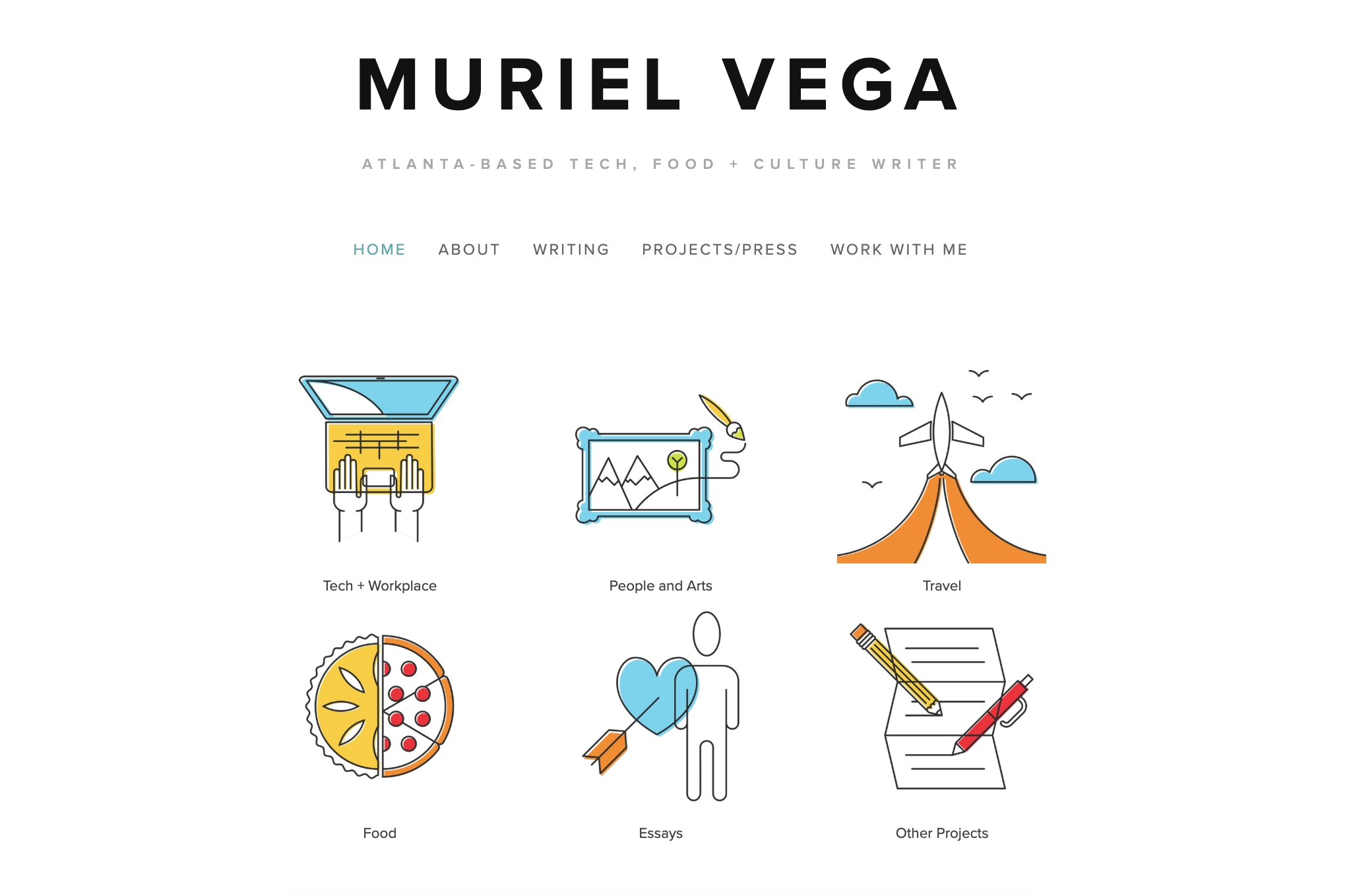 Muriel Vega's freelance writing portfolio homepage with her job title and bio above the fold, a clean navigation menu, and six illustrated project sections linking to her work for publications including The Guardian and Patreon