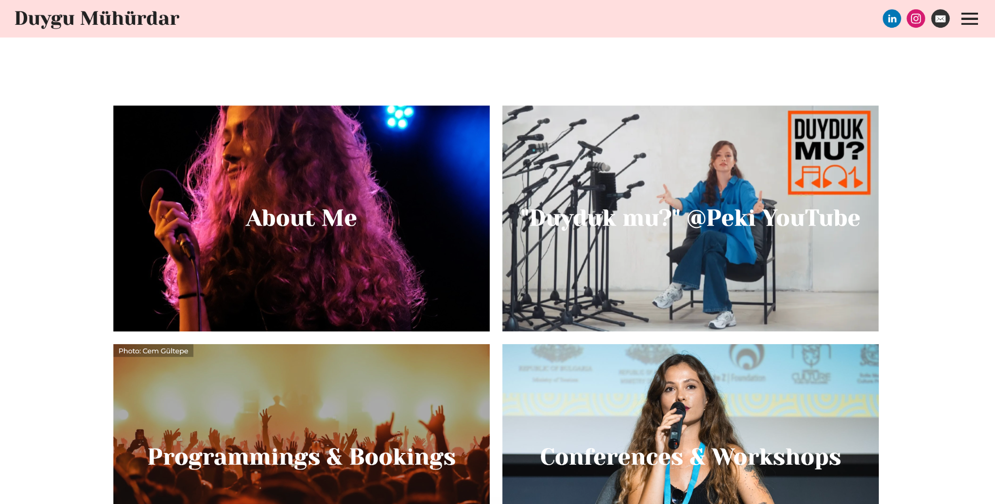 Duygu M&uuml;h&uuml;rdar's portfolio homepage presenting her work as a music industry booker, live event producer, singer, and writer, with links to her projects and booking information