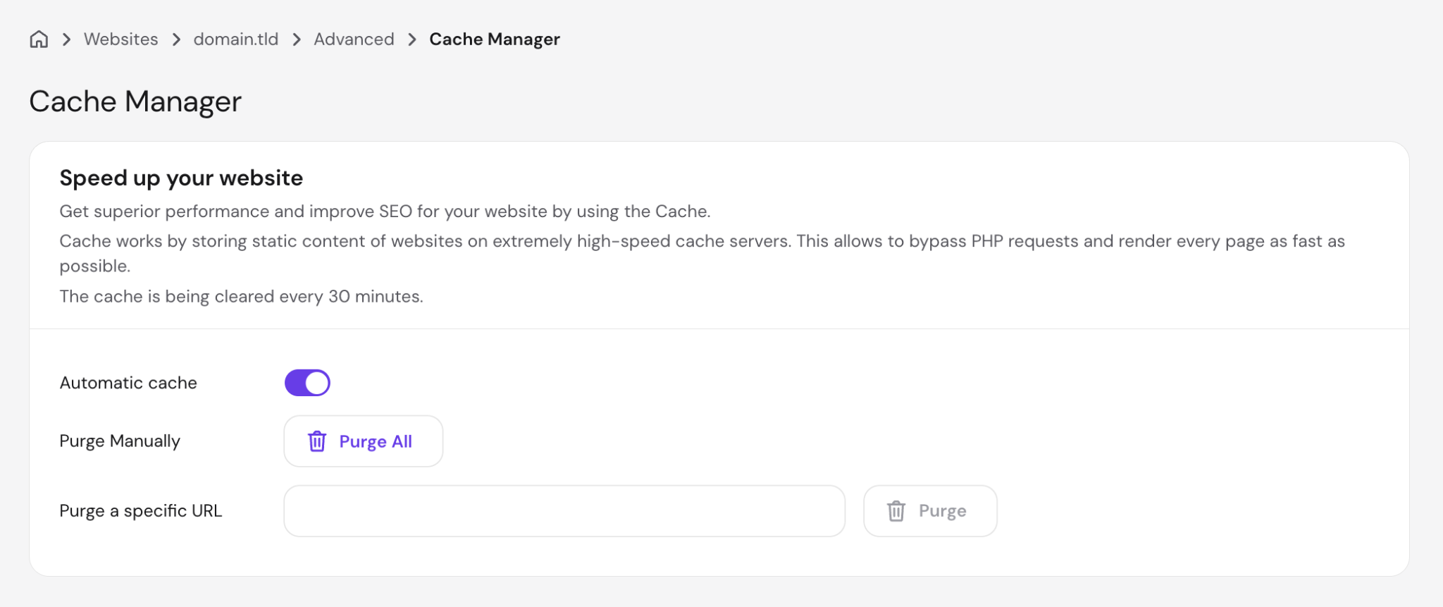 hPanel Cache Manager screen showing the Automatic cache toggle enabled, with options to purge all cached pages or clear a specific URL
