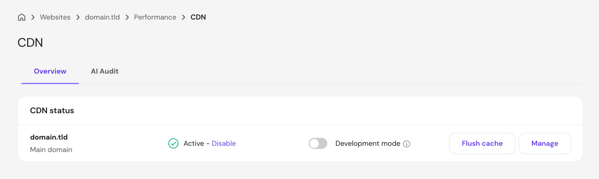 hPanel CDN screen showing an active CDN connection for a domain, with the Development mode toggle and options to flush cache or manage settings