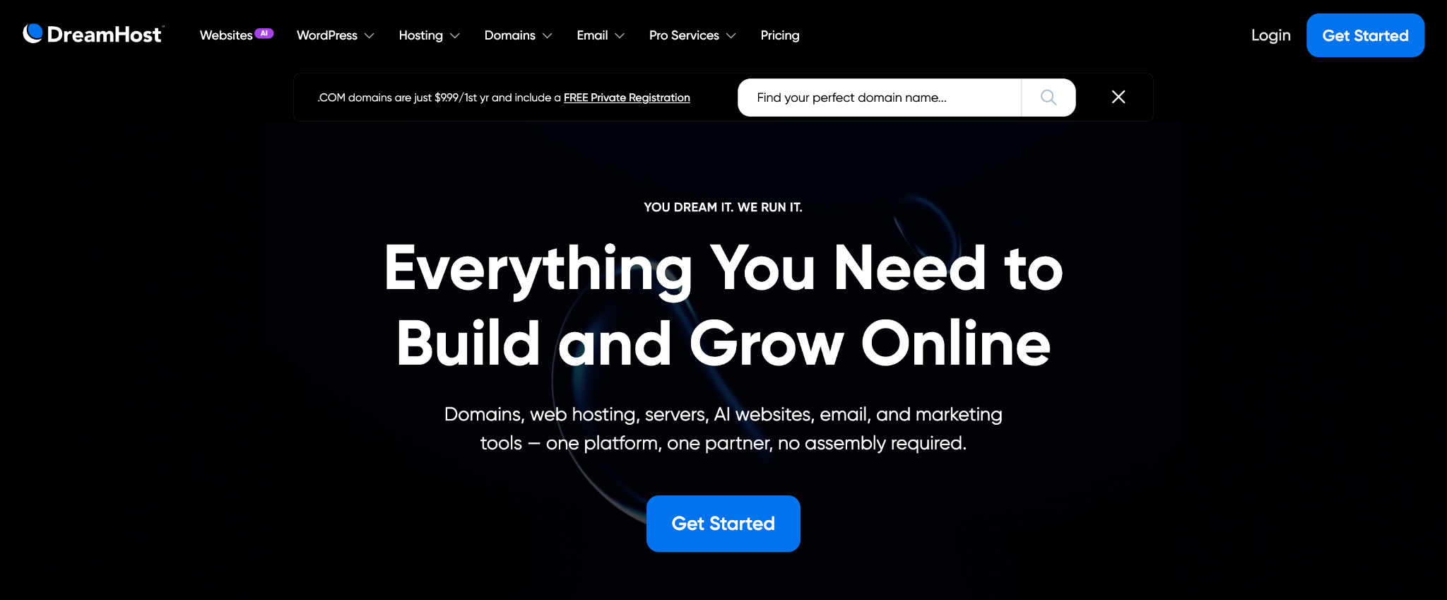 DreamHost homepage with a domain search bar, a .com first-year offer with free private registration, and a Get Started button