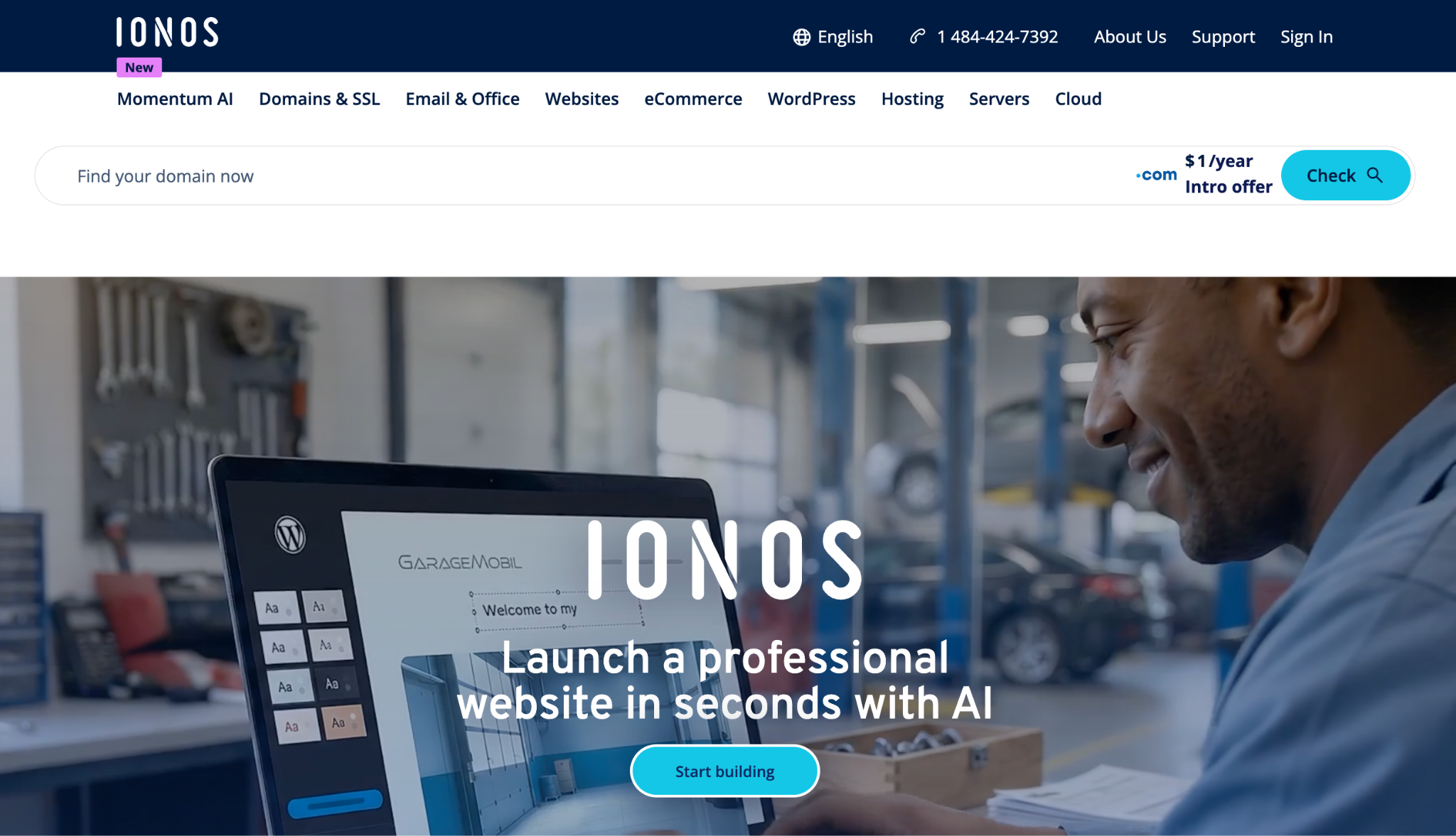 IONOS homepage with a domain search bar showing a .com intro offer and a Start building button for its AI website builder