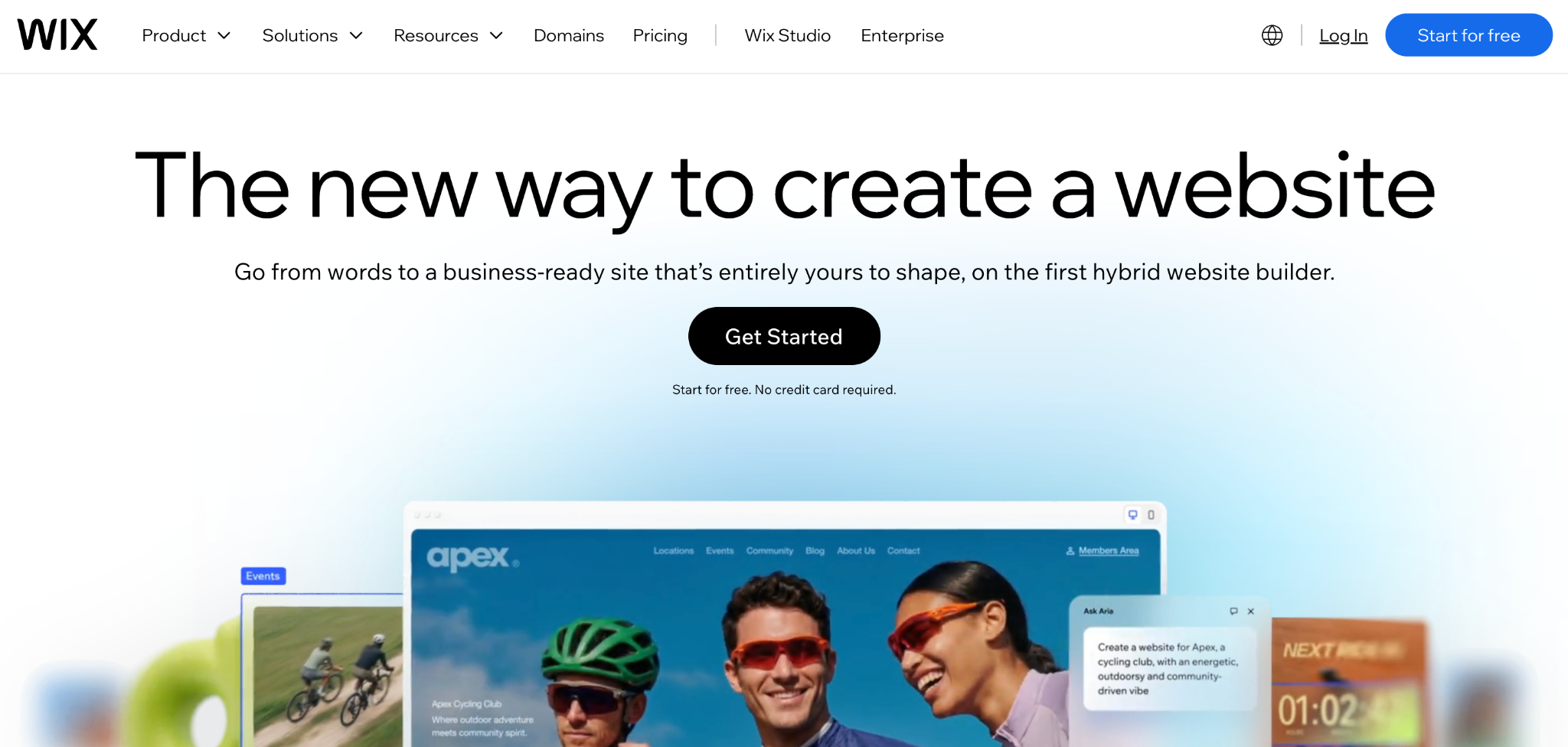Wix homepage with a Get Started button, a free plan note, and a preview of a website built with the AI website builder