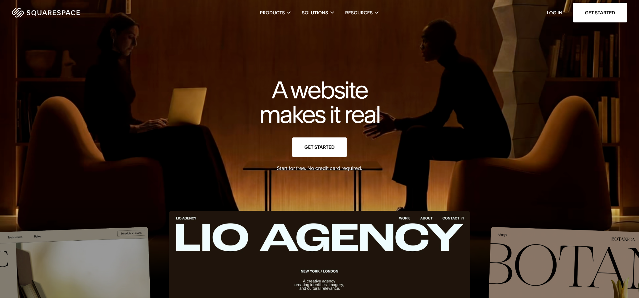Squarespace homepage with a Get Started button, a free trial note, and previews of design-led website templates
