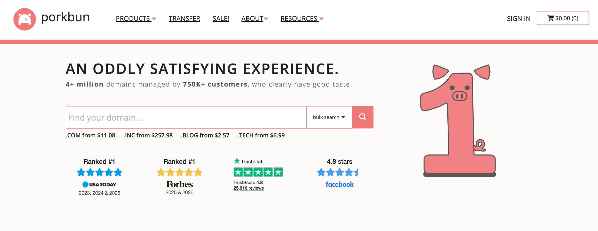 Porkbun homepage with a domain search bar, starting prices for .com and other extensions, and Trustpilot and USA Today ratings