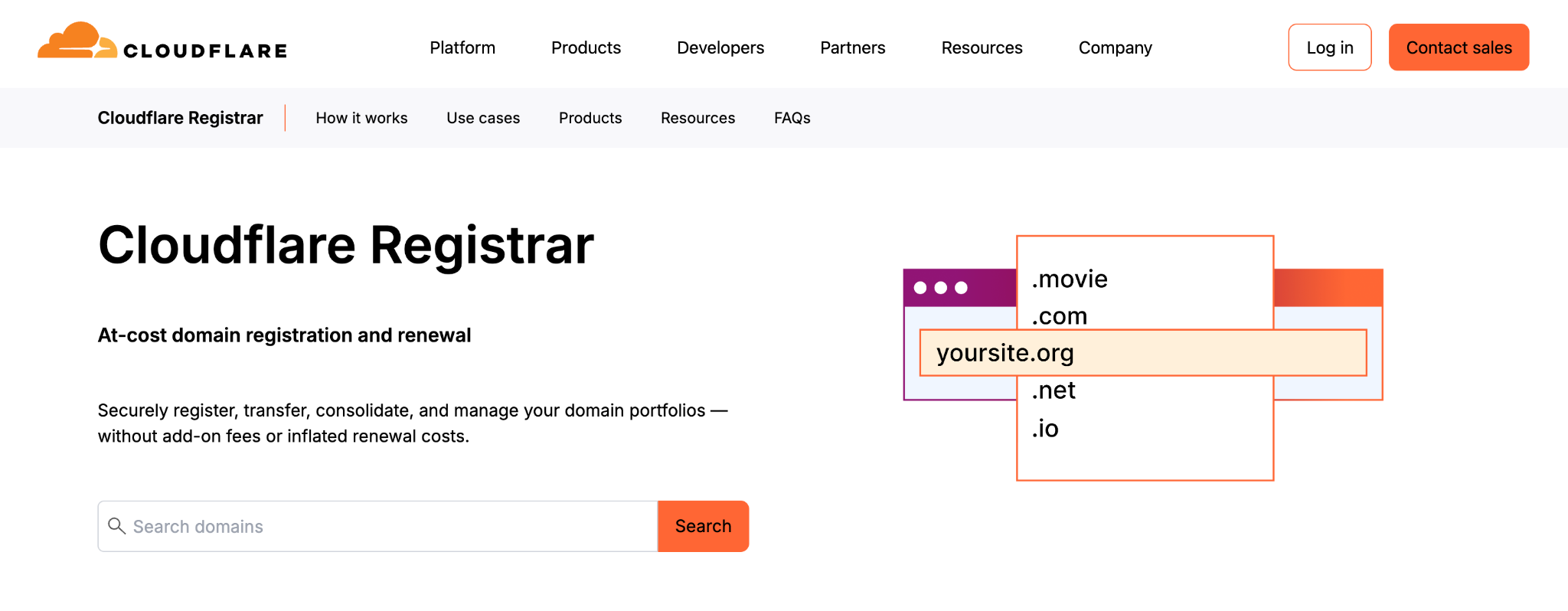 Cloudflare Registrar page describing at-cost domain registration and renewal, with a domain search bar