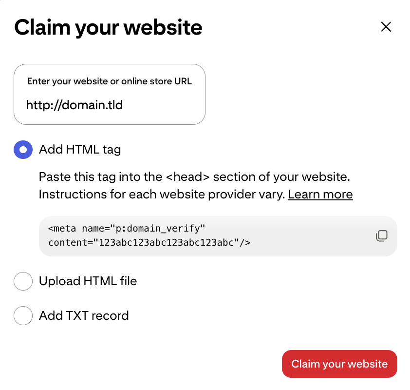 Claim your website pop-up on Pinterest with HTML tag, HTML file, and TXT record verification methods