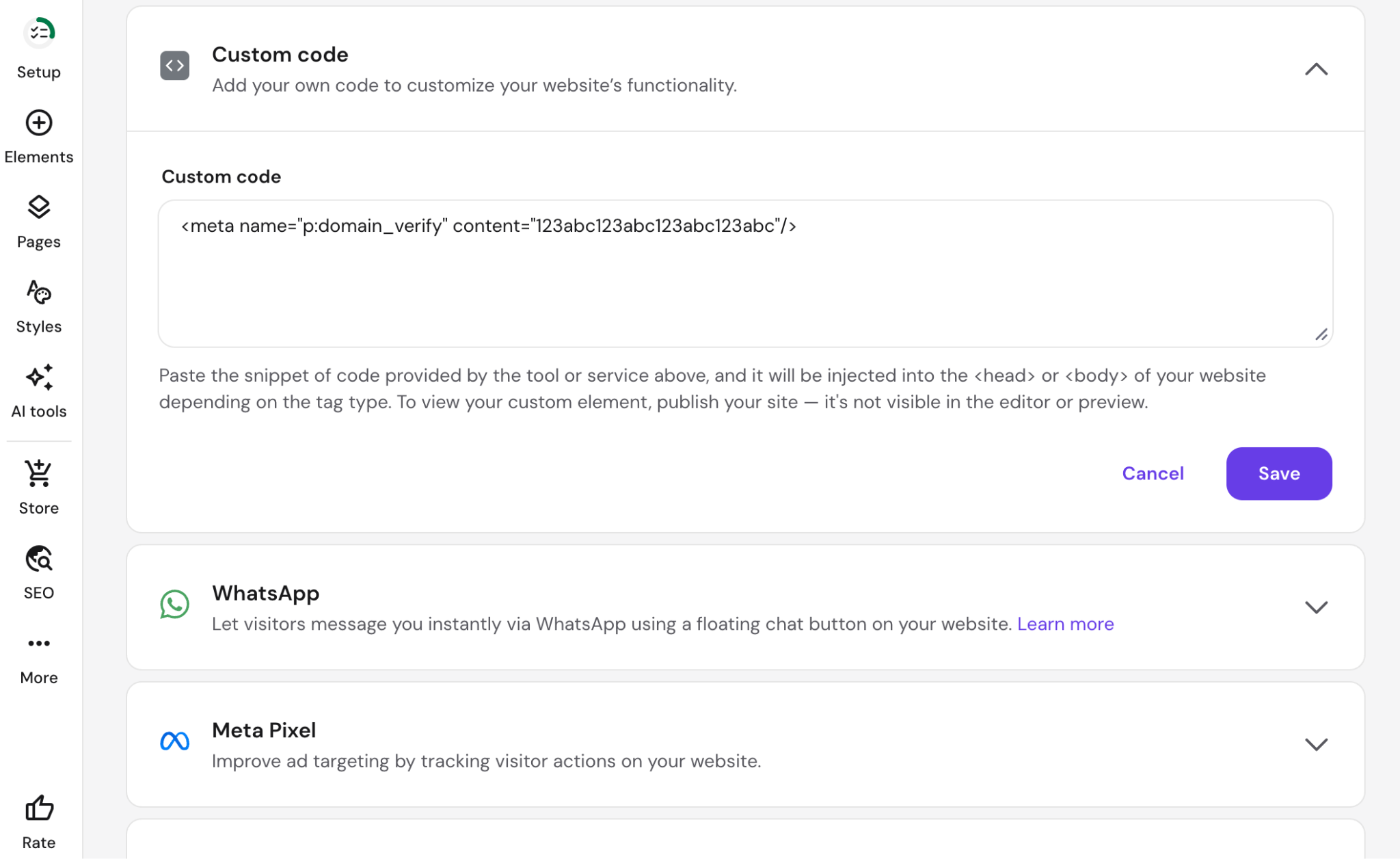 Custom code panel in the Hostinger AI Builder integrations section