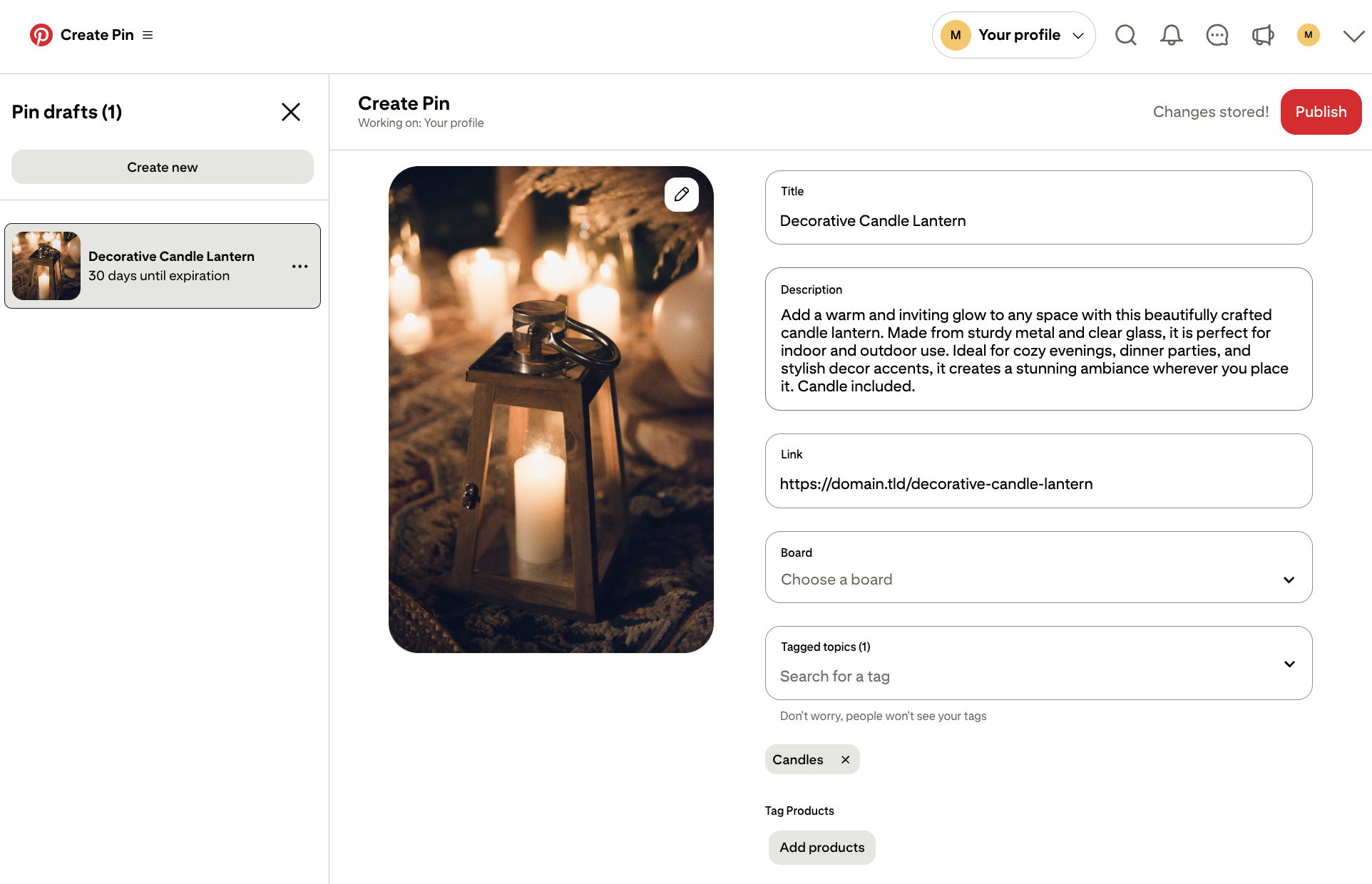 Pin creation screen on Pinterest with the destination link set to a product page