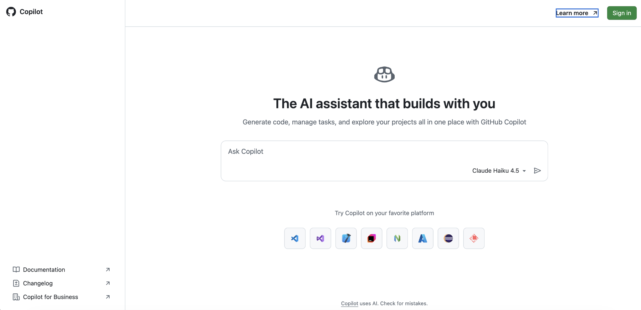 GitHub Copilot landing page