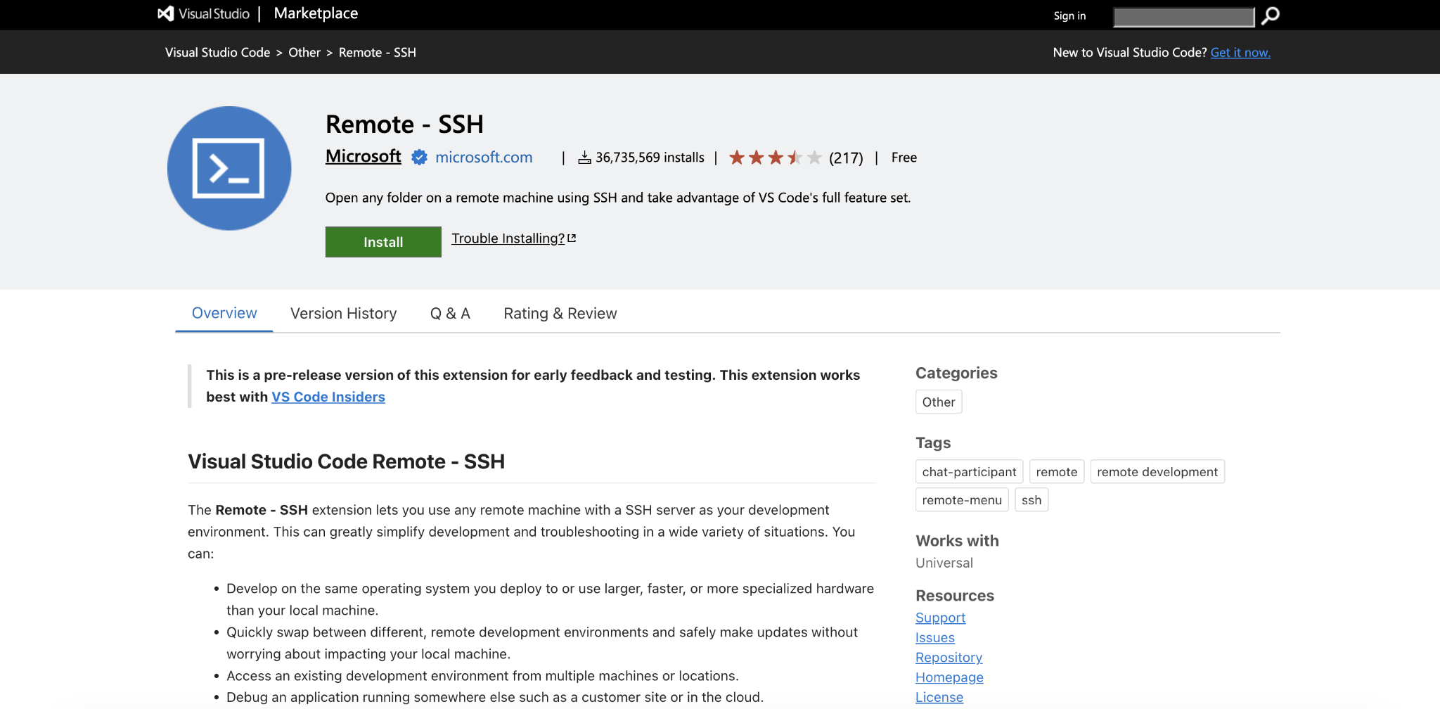 Remote - SSH landing page