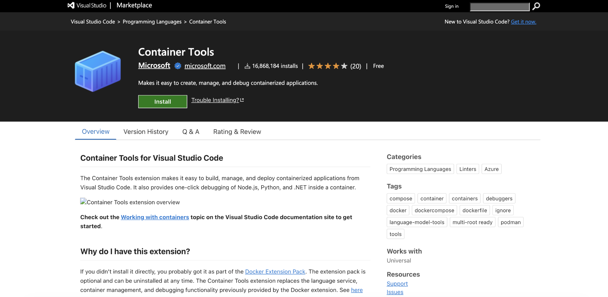 Container Tools landing page