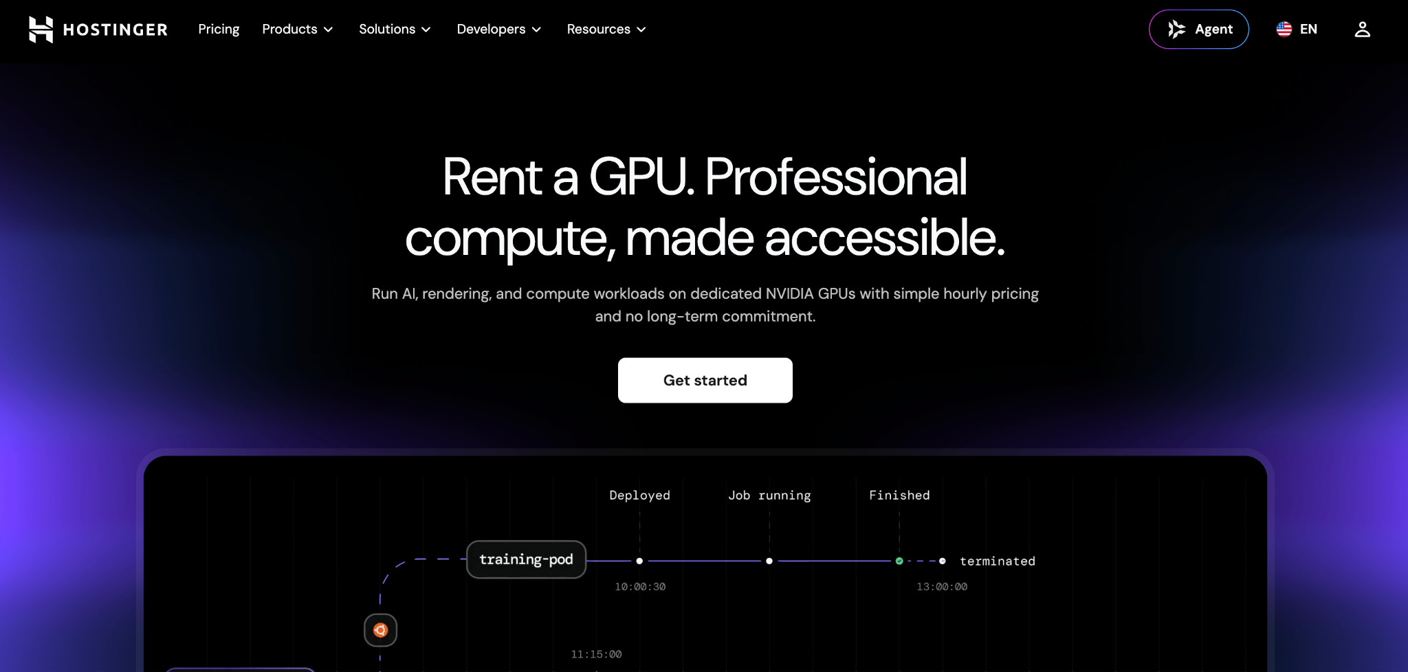 Hostinger GPU Hosting page offering dedicated NVIDIA GPU rental for AI, rendering, and compute workloads with hourly pricing.