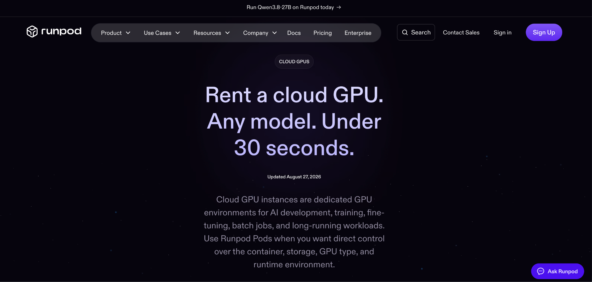 RunPod Cloud GPUs page promoting dedicated GPU environments for AI development, training, fine-tuning, and other workloads.
