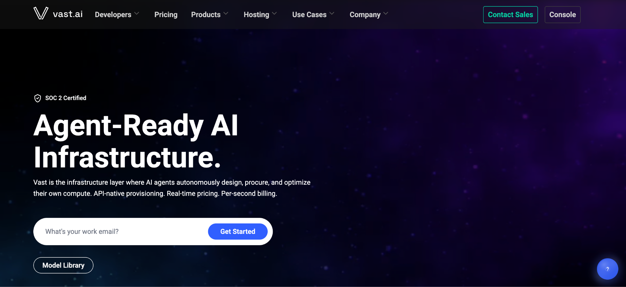 Vast.ai homepage promoting agent-ready AI infrastructure with API-native provisioning, real-time pricing, and per-second billing.