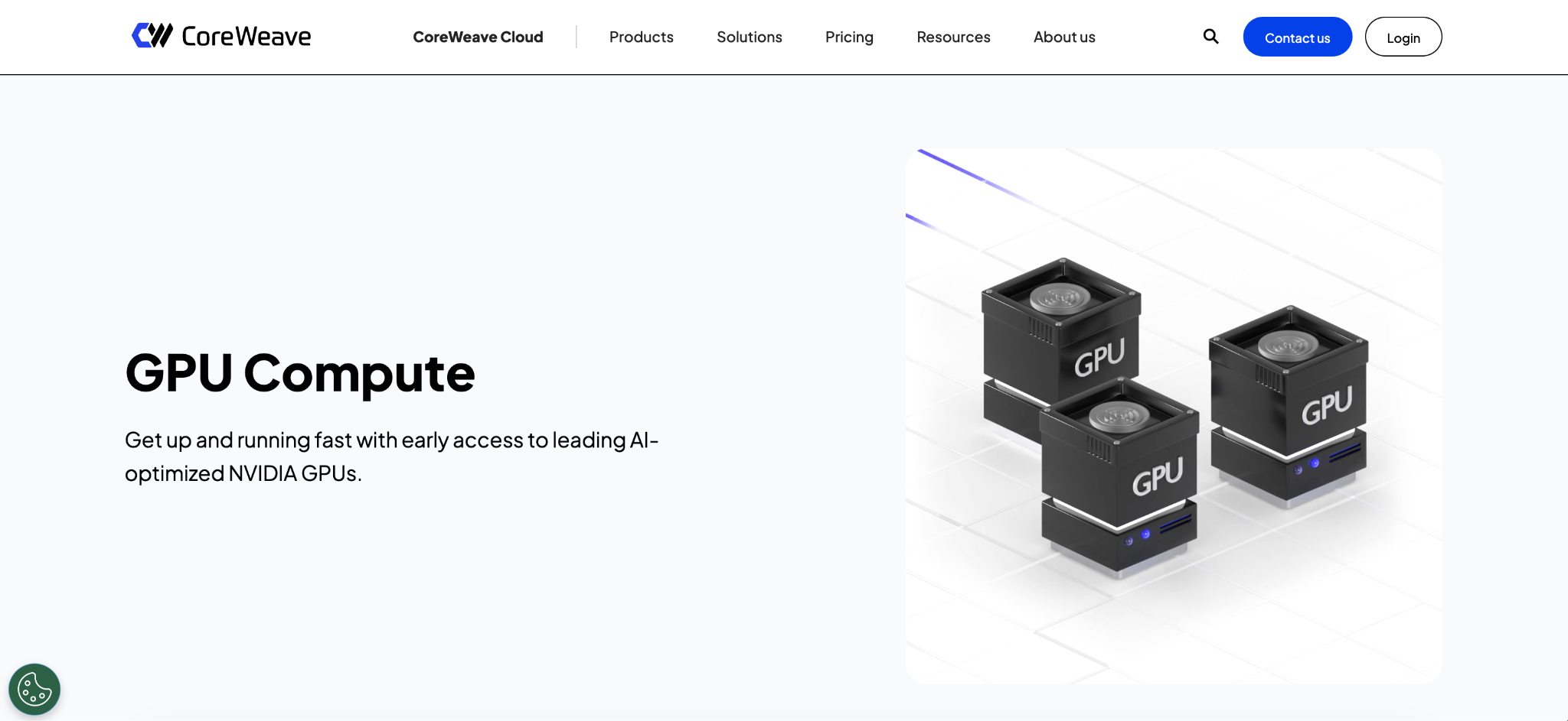 CoreWeave GPU Compute page promoting AI-optimized NVIDIA GPUs for cloud workloads.