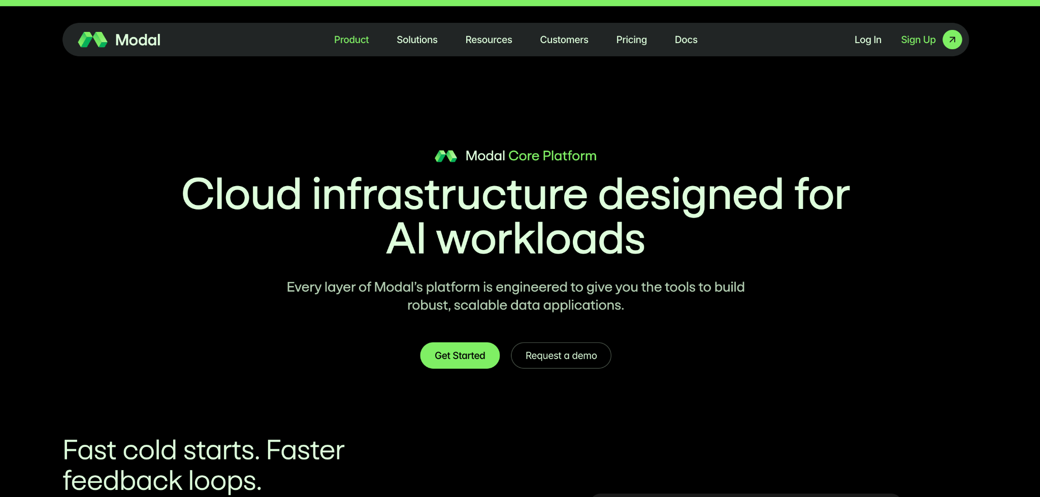 Modal Core Platform page promoting cloud infrastructure designed for scalable AI and data workloads.