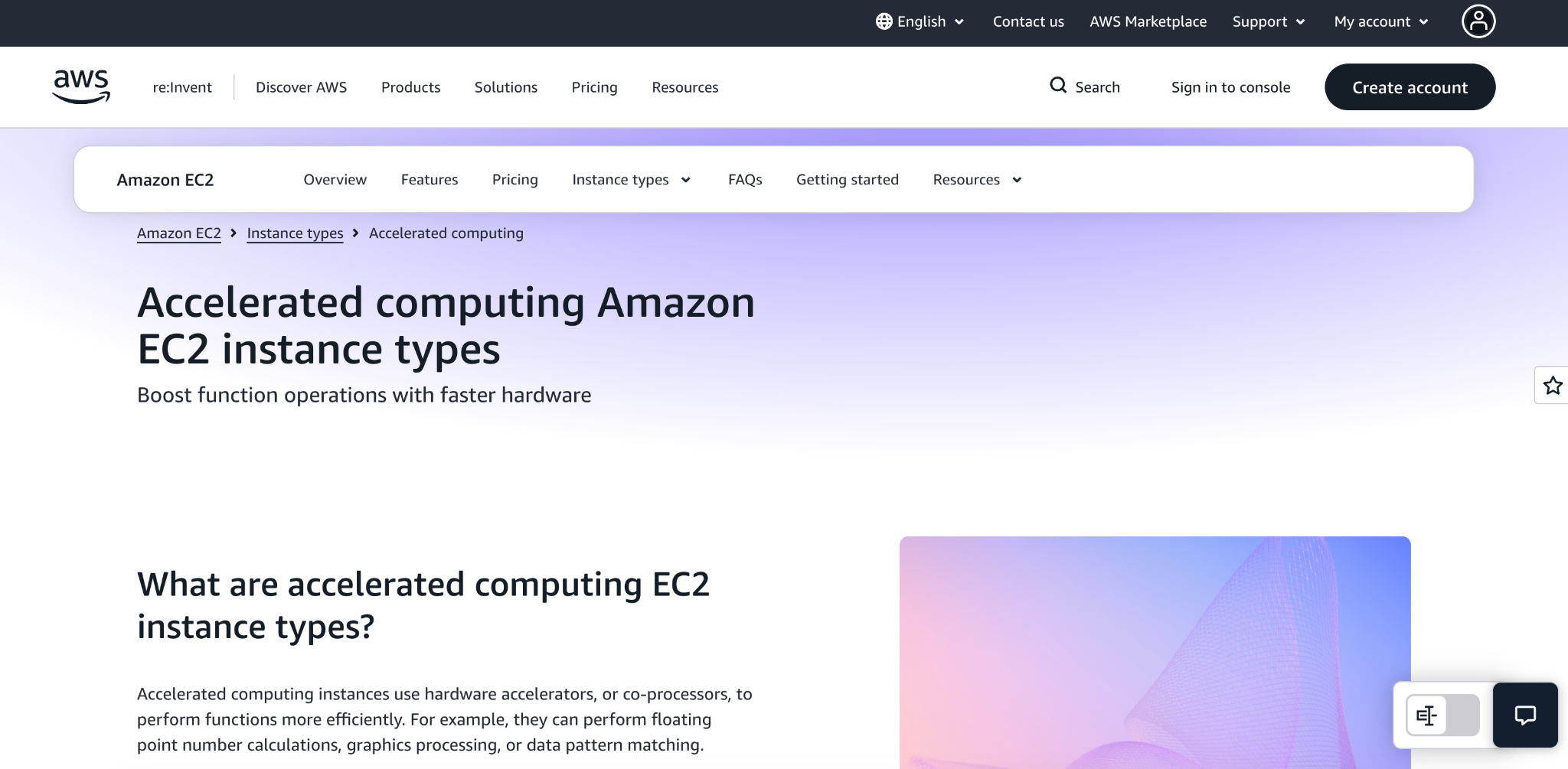 AWS Amazon EC2 page explaining accelerated computing instance types for GPU and other hardware-accelerated workloads.
