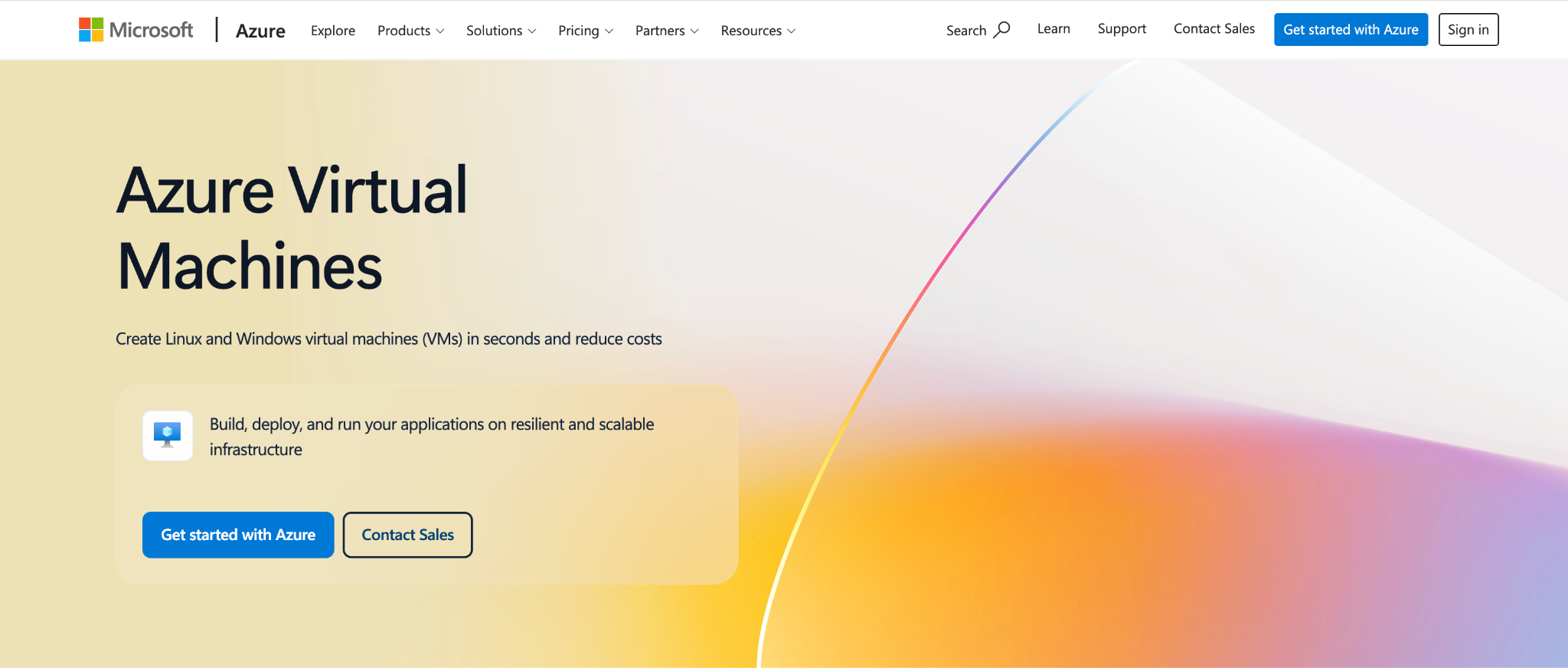 Microsoft Azure Virtual Machines page for creating and running scalable Linux and Windows virtual machines.