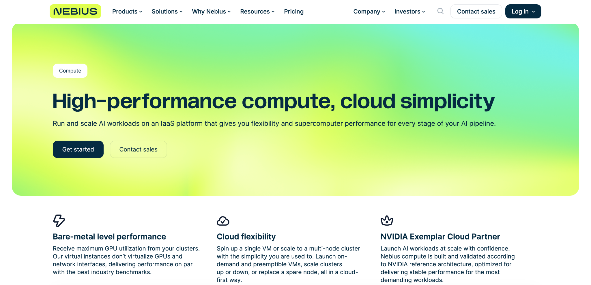 Nebius Compute page promoting high-performance cloud infrastructure for running and scaling AI workloads.