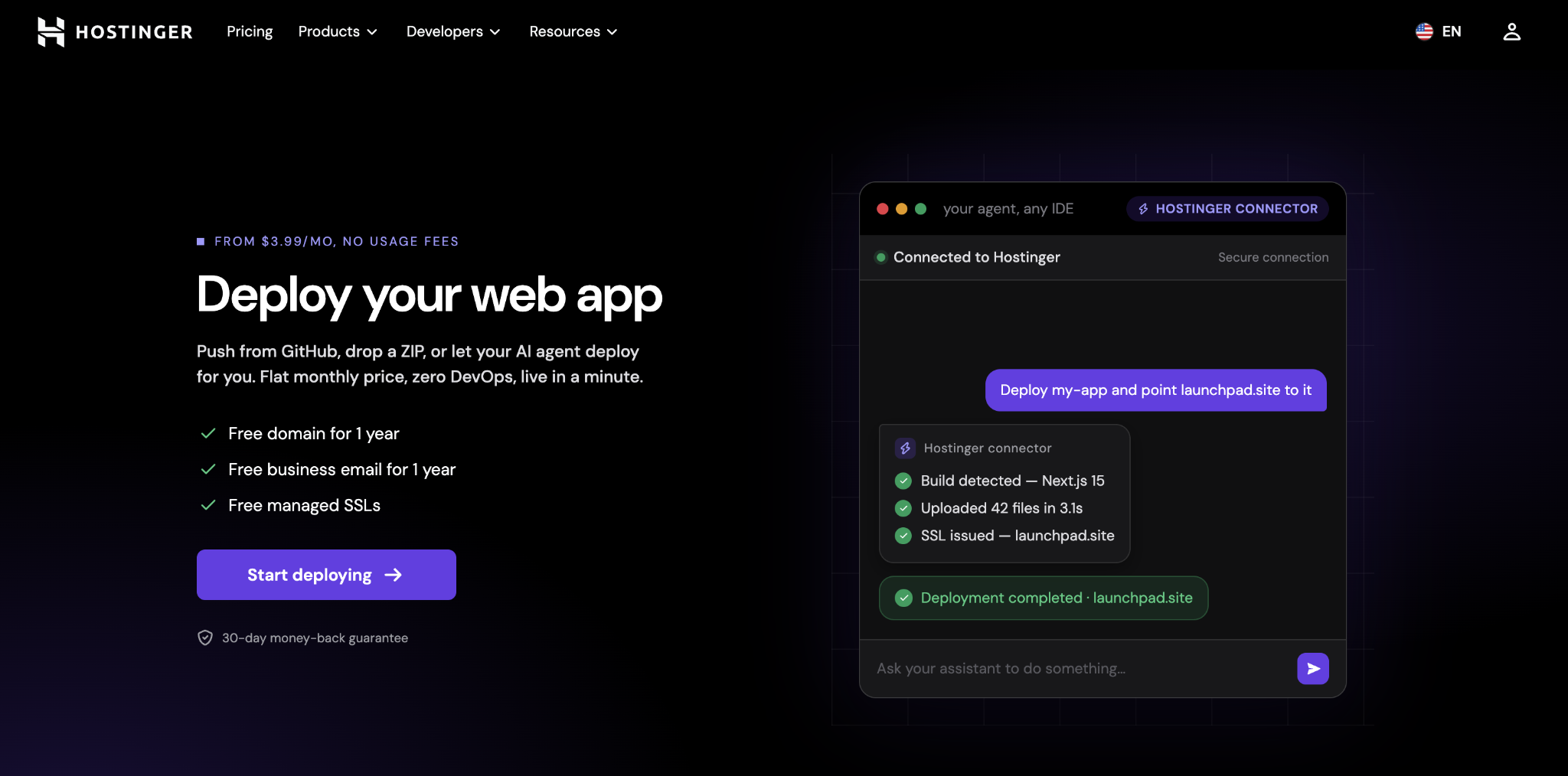 Hostinger Web Apps Hosting landing page
