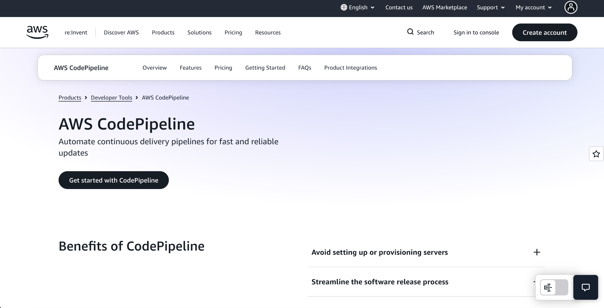 AWS CodePipeline landing page