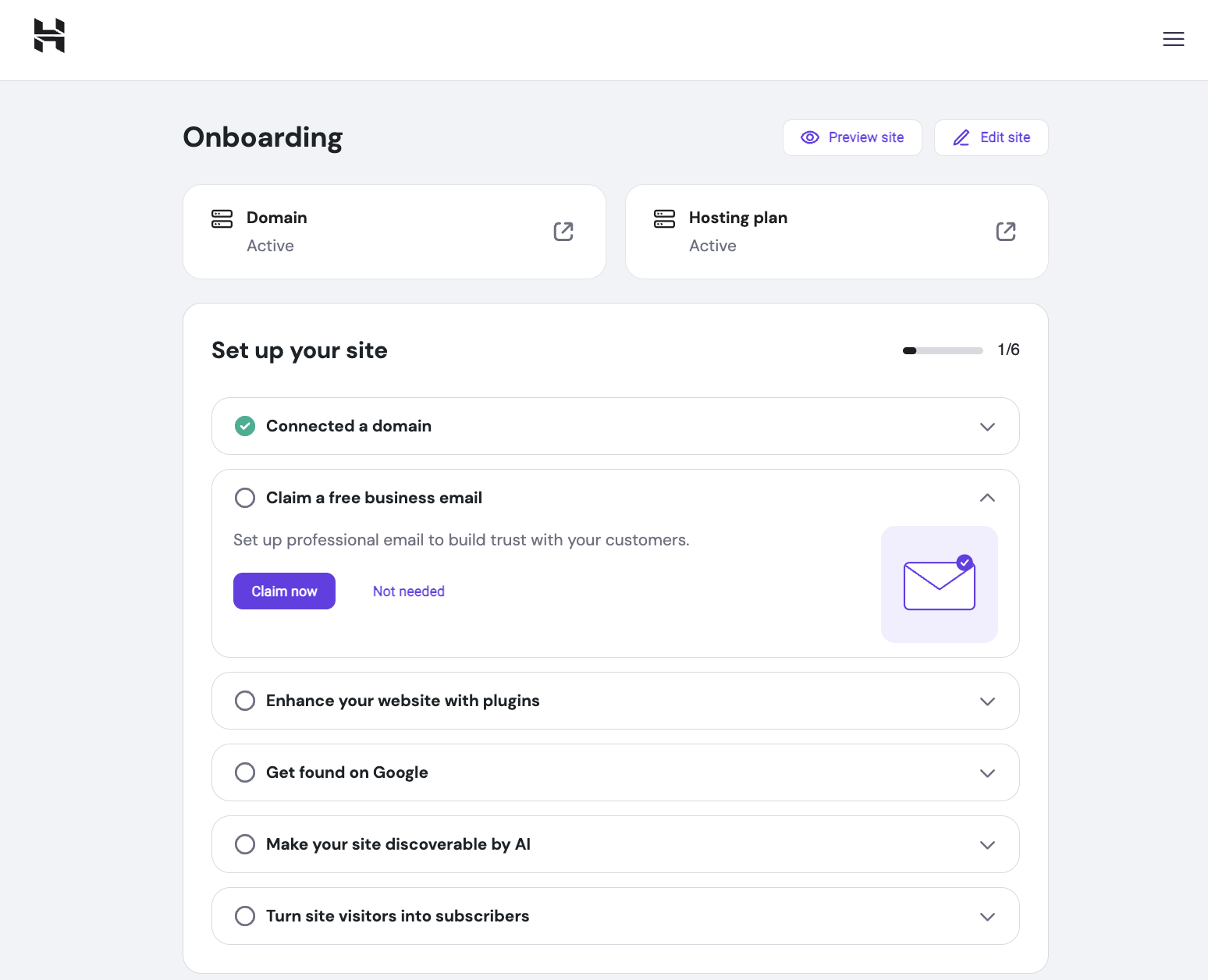 The Hostinger Onboarding page inside the WordPress dashboard showing the Set up your site checklist with steps including Connected a domain, Claim a free business email, Enhance your website with plugins, Get found on Google, Make your site discoverable by AI, and Turn site visitors into subscribers.