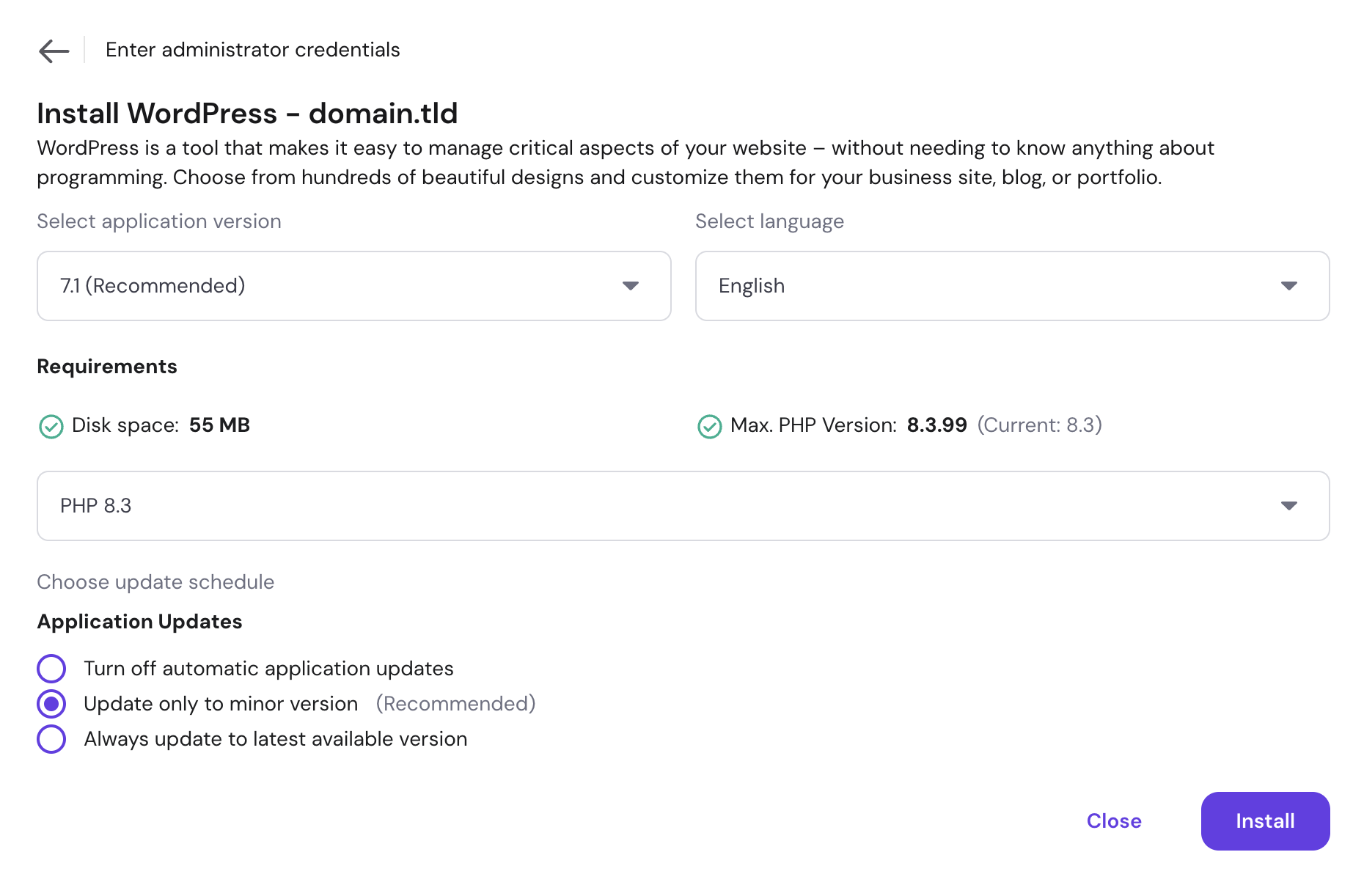 The second step of the Install WordPress modal showing the application version dropdown set to 7.1 Recommended, the language selector, the PHP compatibility check, and the Application Updates options with Update only to minor version selected.