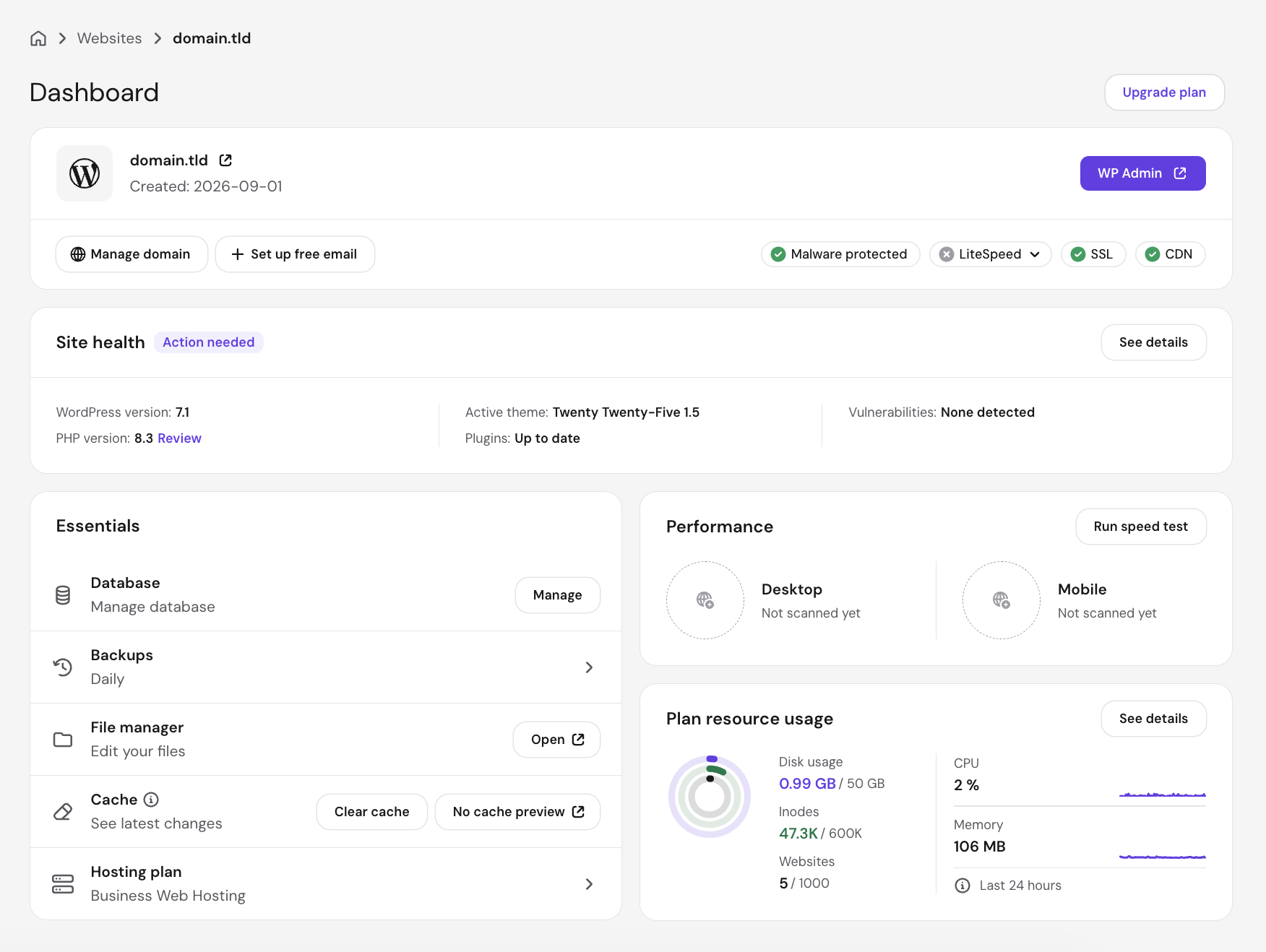 The hPanel dashboard for a WordPress site showing the WP Admin button, site health status with WordPress version and active theme, and the Essentials panel with Database, Backups, and File manager.
